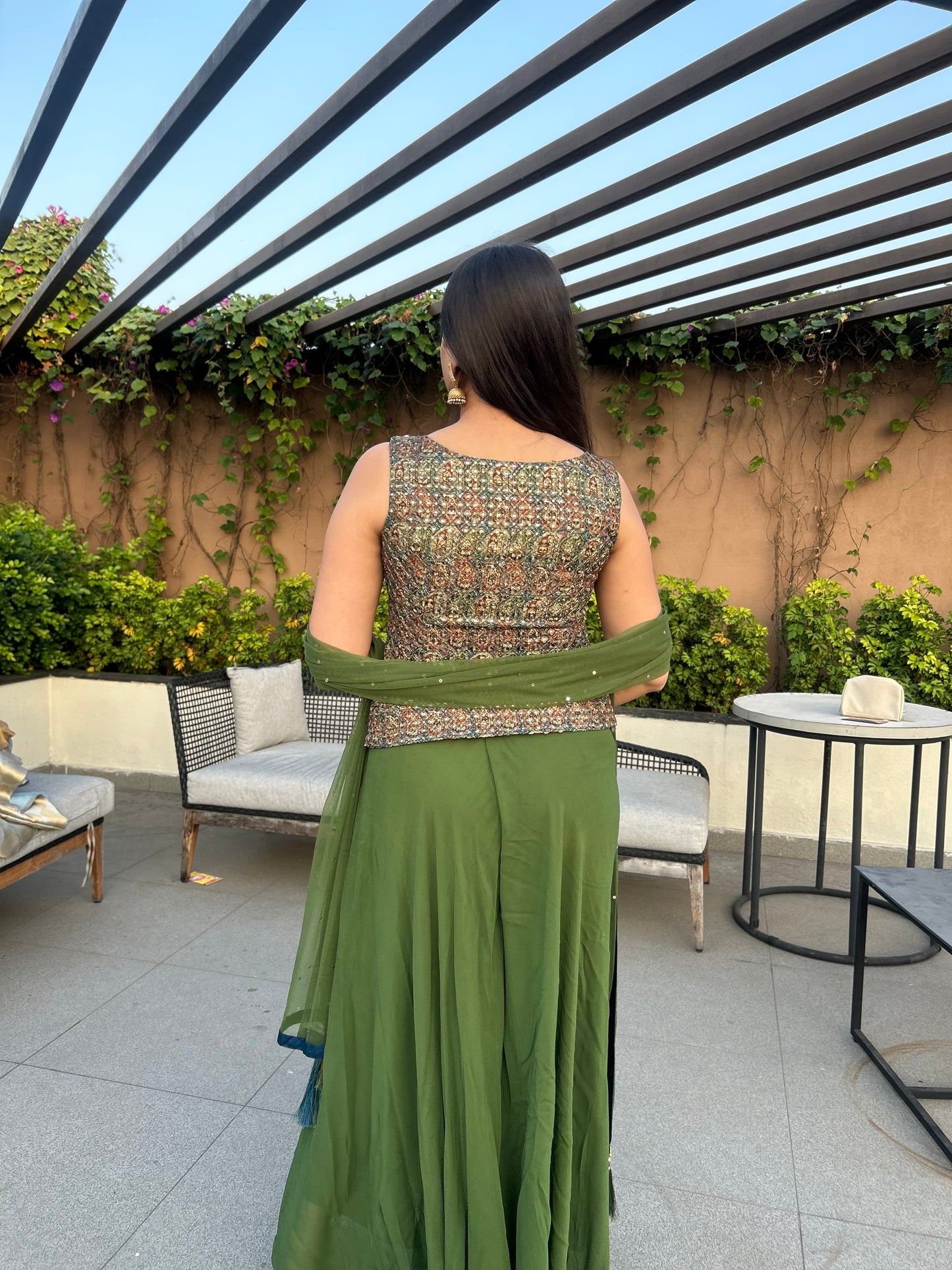 Ailiya Green Printed Indo-Western Jacket Top, Palazzo & Dupatta Set