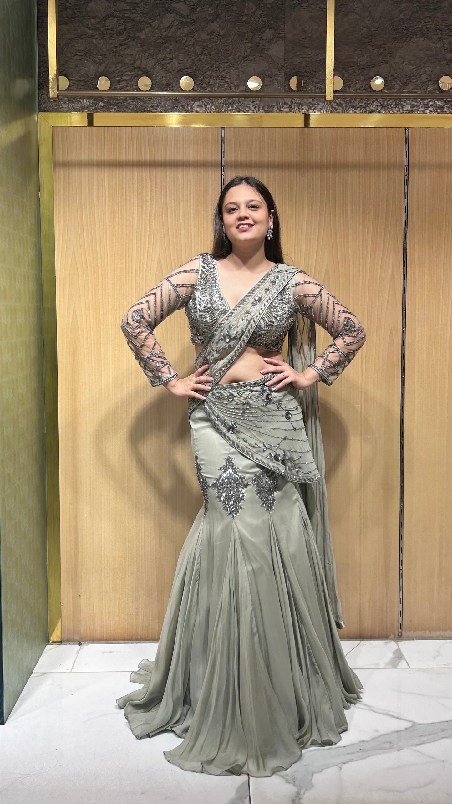 Elaya Grey Fish-Cut Drape Lehenga Set with Hand Embroidered Blouse