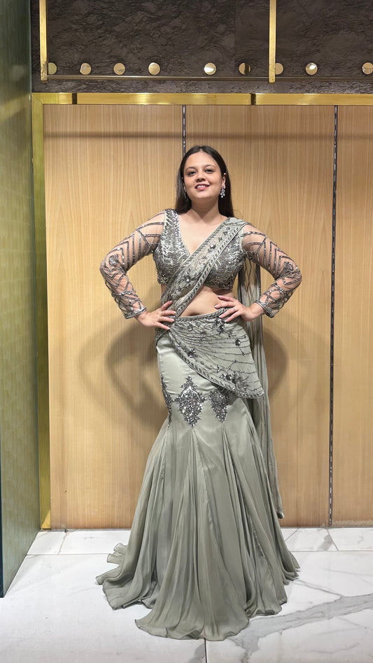 Elaya Grey Fish-Cut Drape Lehenga Set with Hand Embroidered Blouse