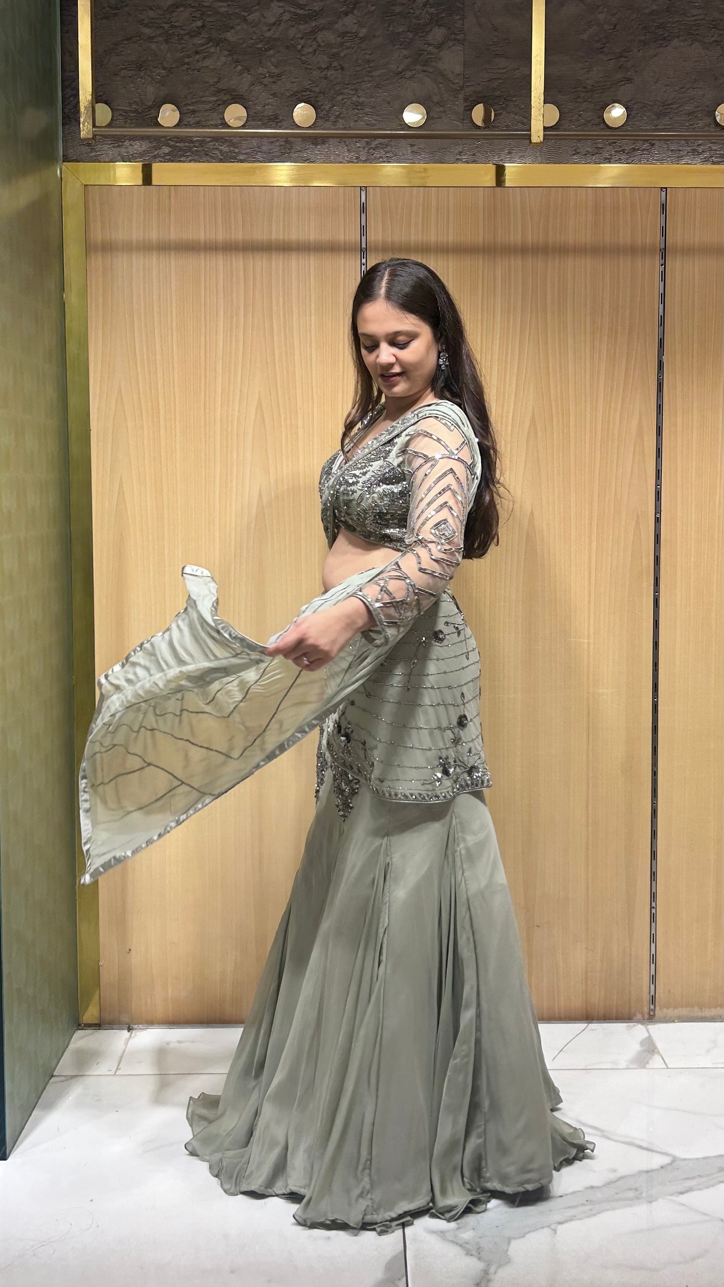 Elaya Grey Fish-Cut Drape Lehenga Set with Hand Embroidered Blouse
