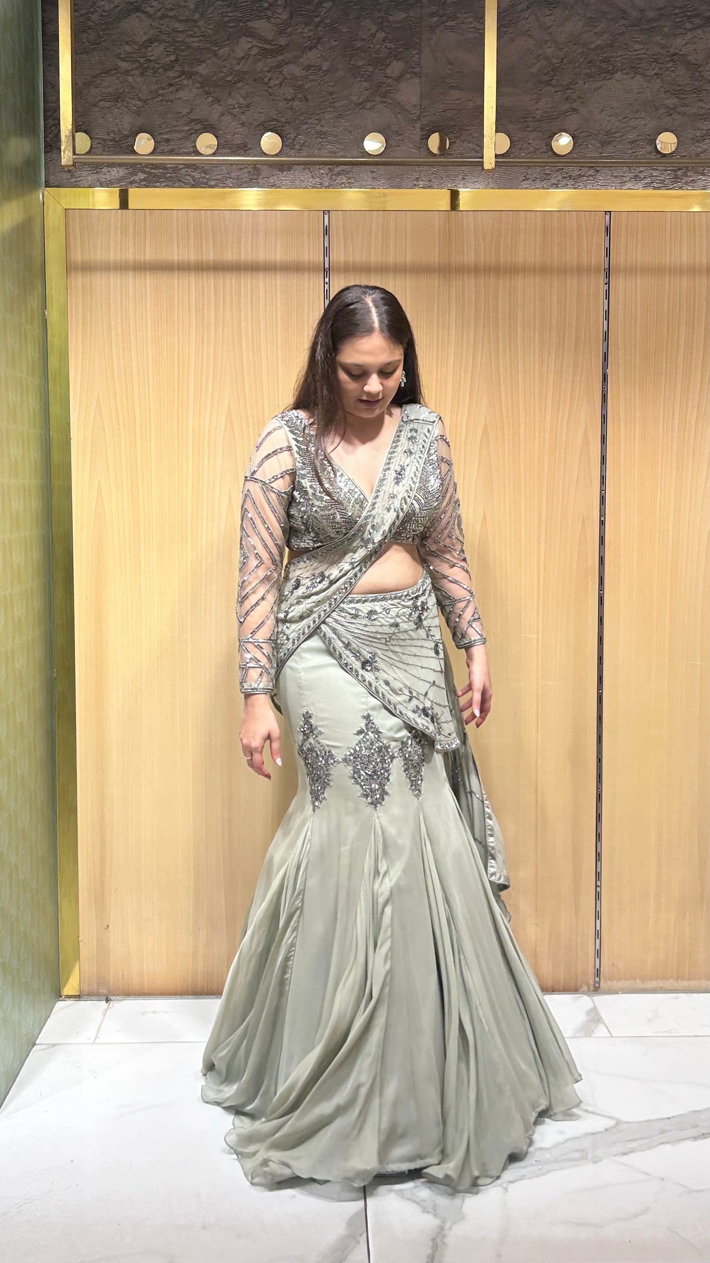 Elaya Grey Fish-Cut Drape Lehenga Set with Hand Embroidered Blouse