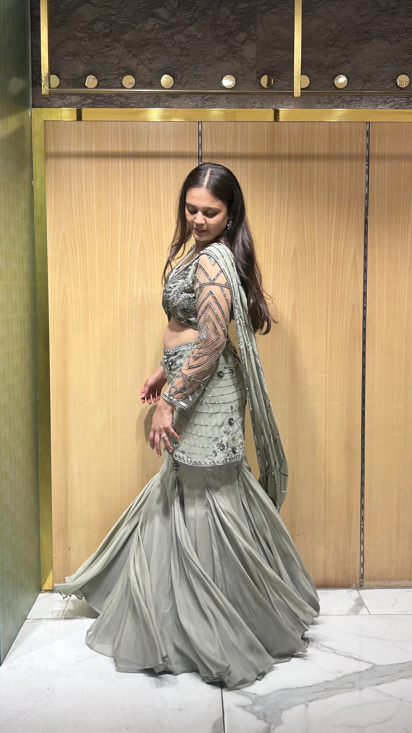 Elaya Grey Fish-Cut Drape Lehenga Set with Hand Embroidered Blouse
