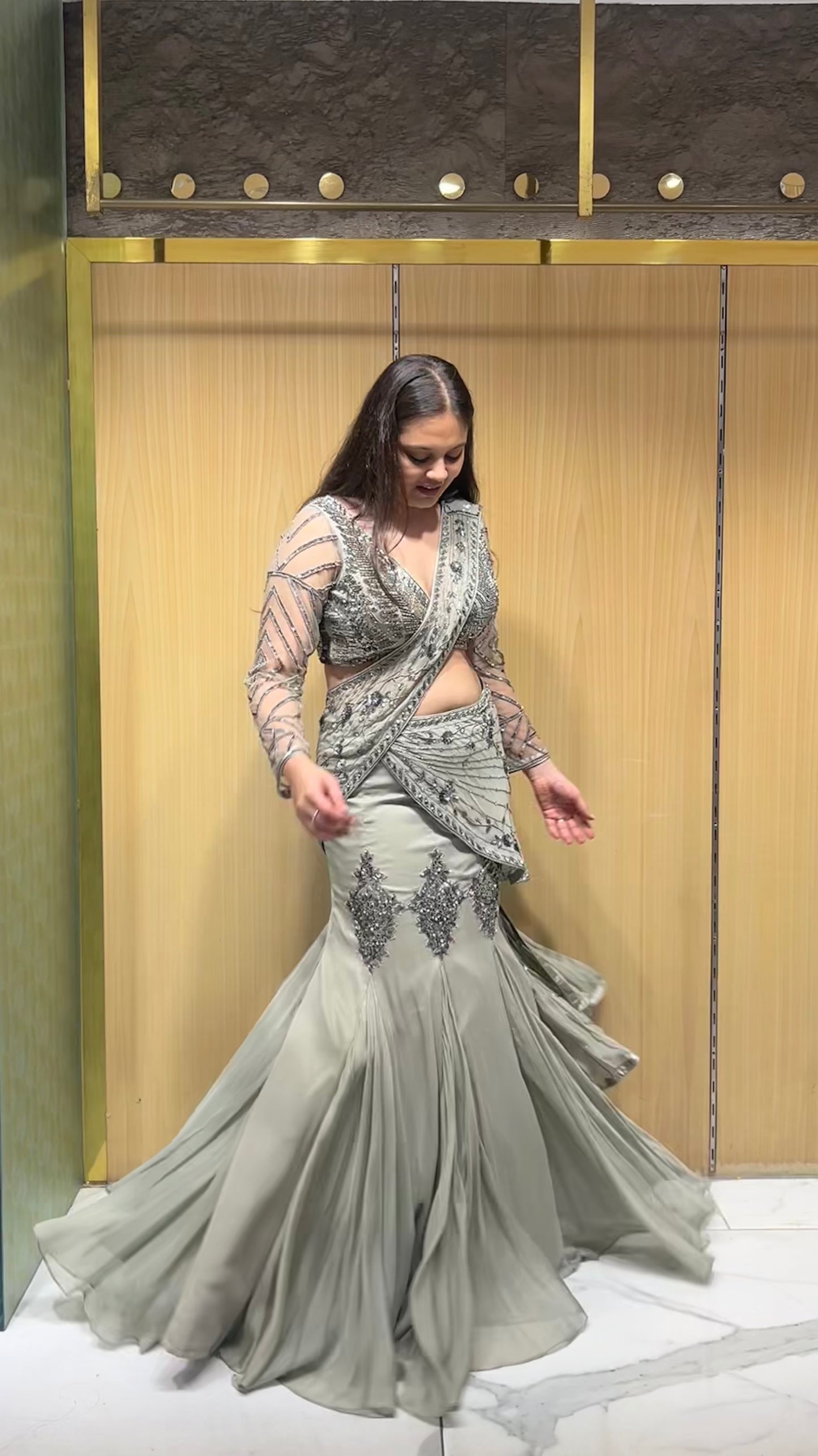 Elaya Grey Fish-Cut Drape Lehenga Set with Hand Embroidered Blouse