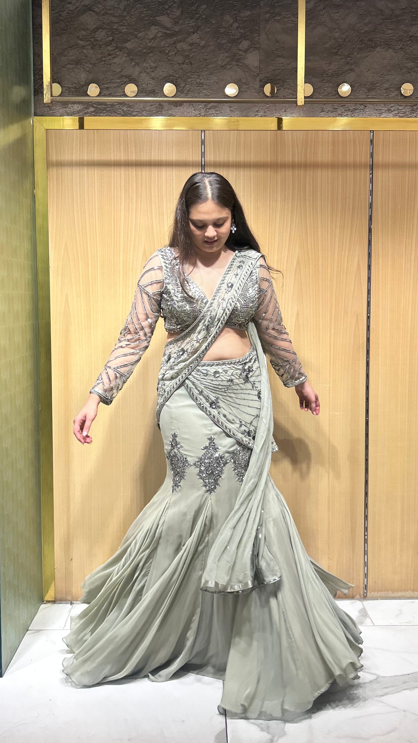 Elaya Grey Fish-Cut Drape Lehenga Set with Hand Embroidered Blouse