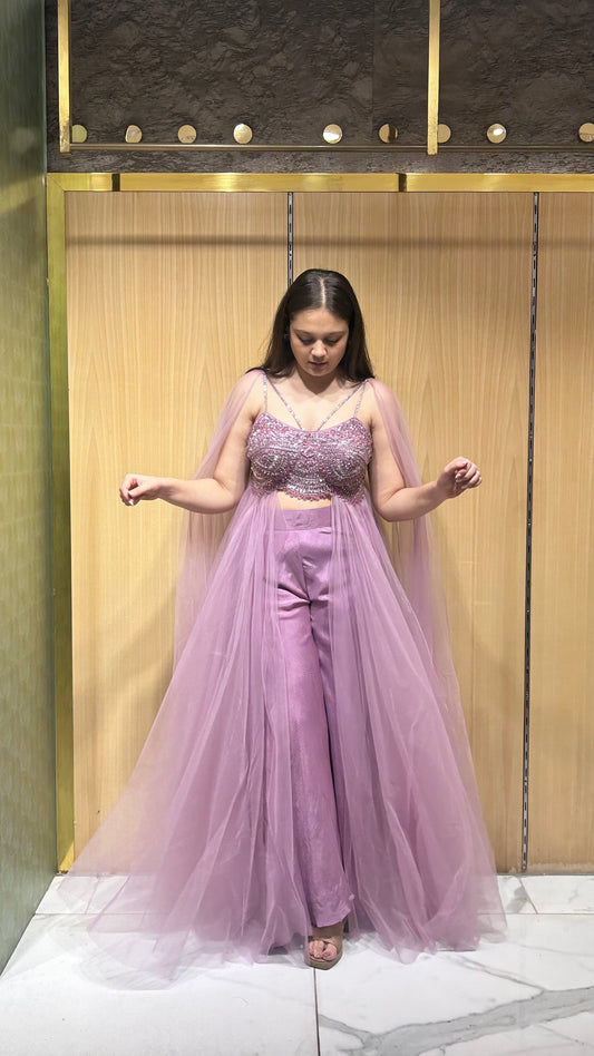 Charvi Mauve Drape Set with Embroidered Bustier & Palazzo