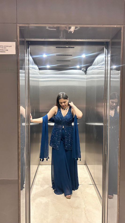 Ivyana – Teal Blue Indo-Western Georgette 3-Piece Designer Set