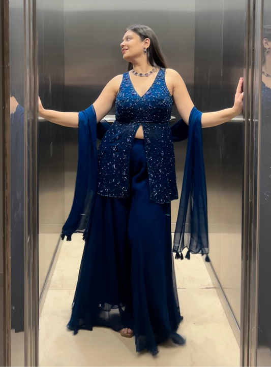 Designer inspired Blue indo-western jacket set perfect for cocktails, sangeet and evening events for brides or bridesmaids