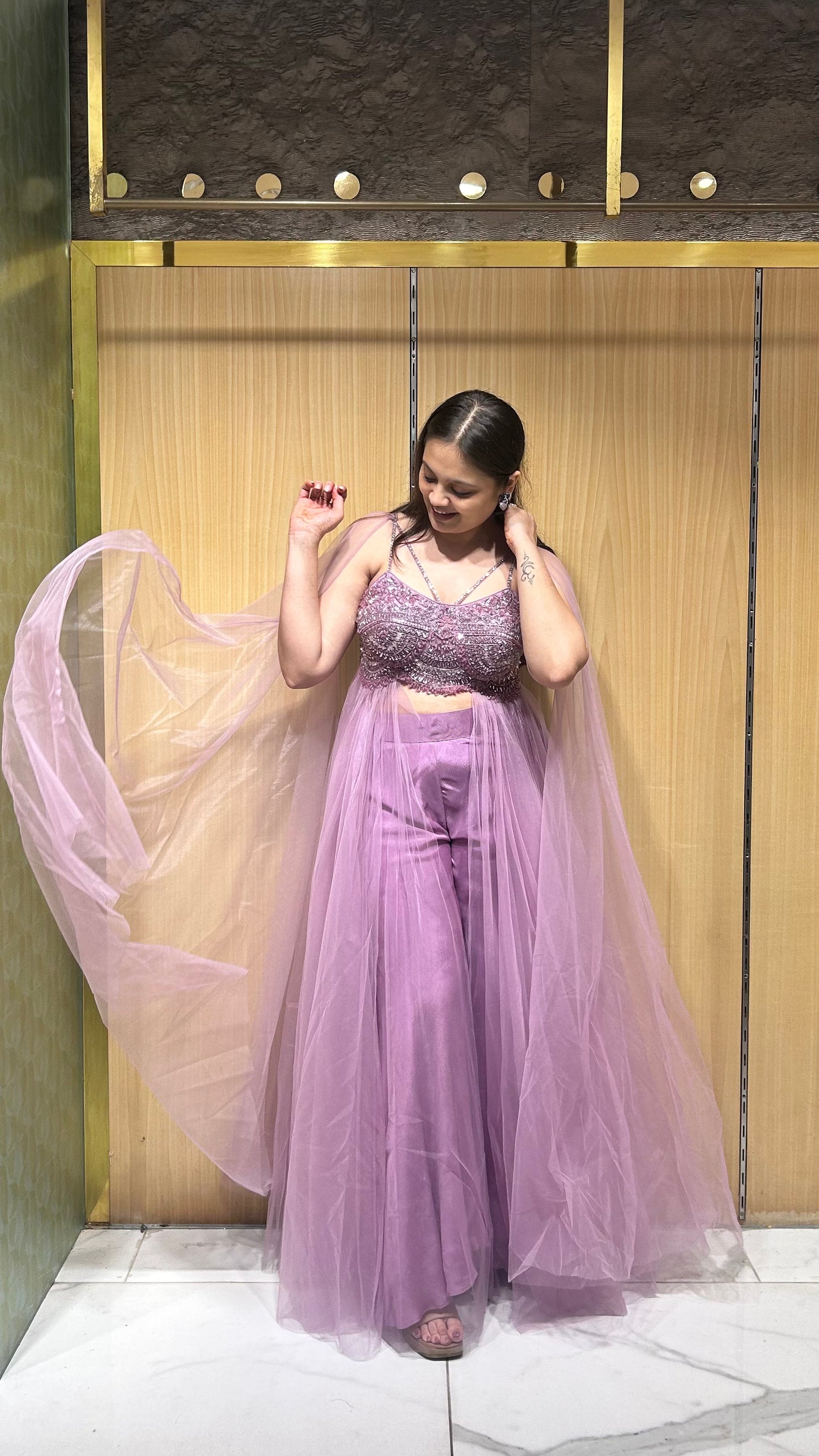 Charvi Mauve Drape Set with Embroidered Bustier & Palazzo