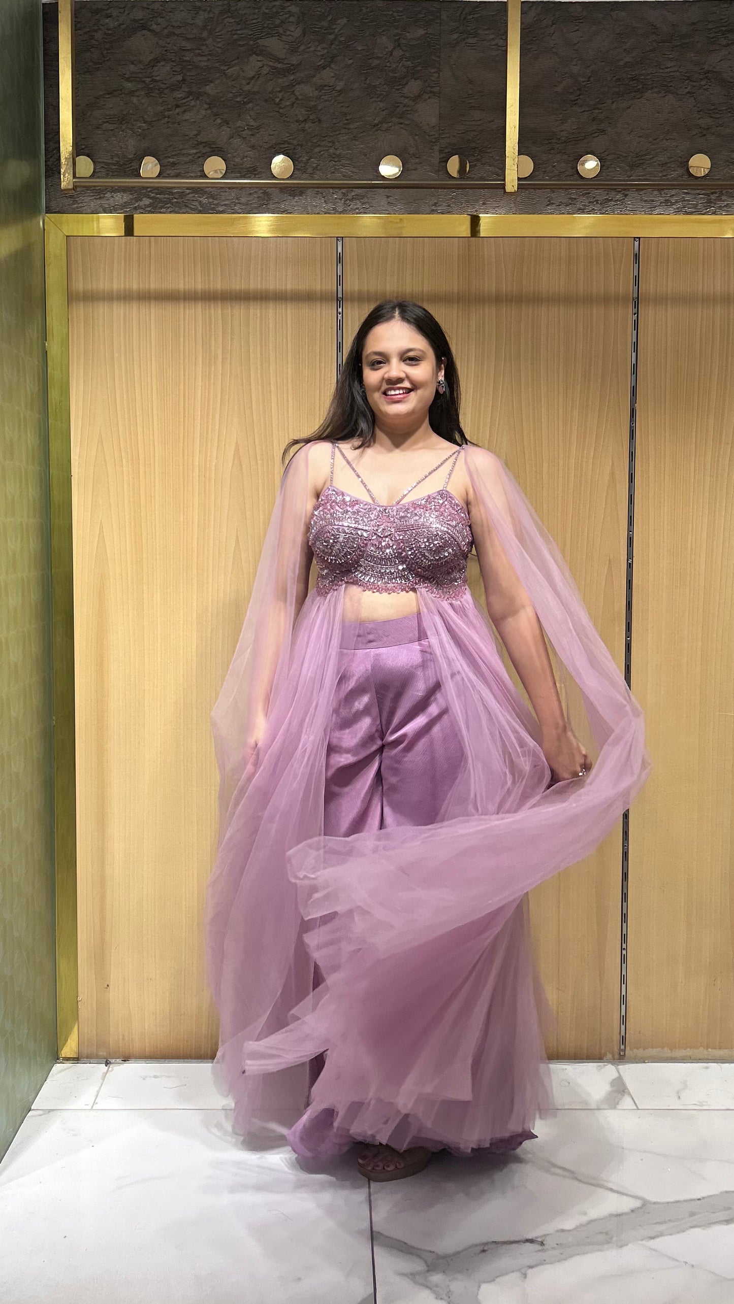 Charvi Mauve Drape Set with Embroidered Bustier & Palazzo