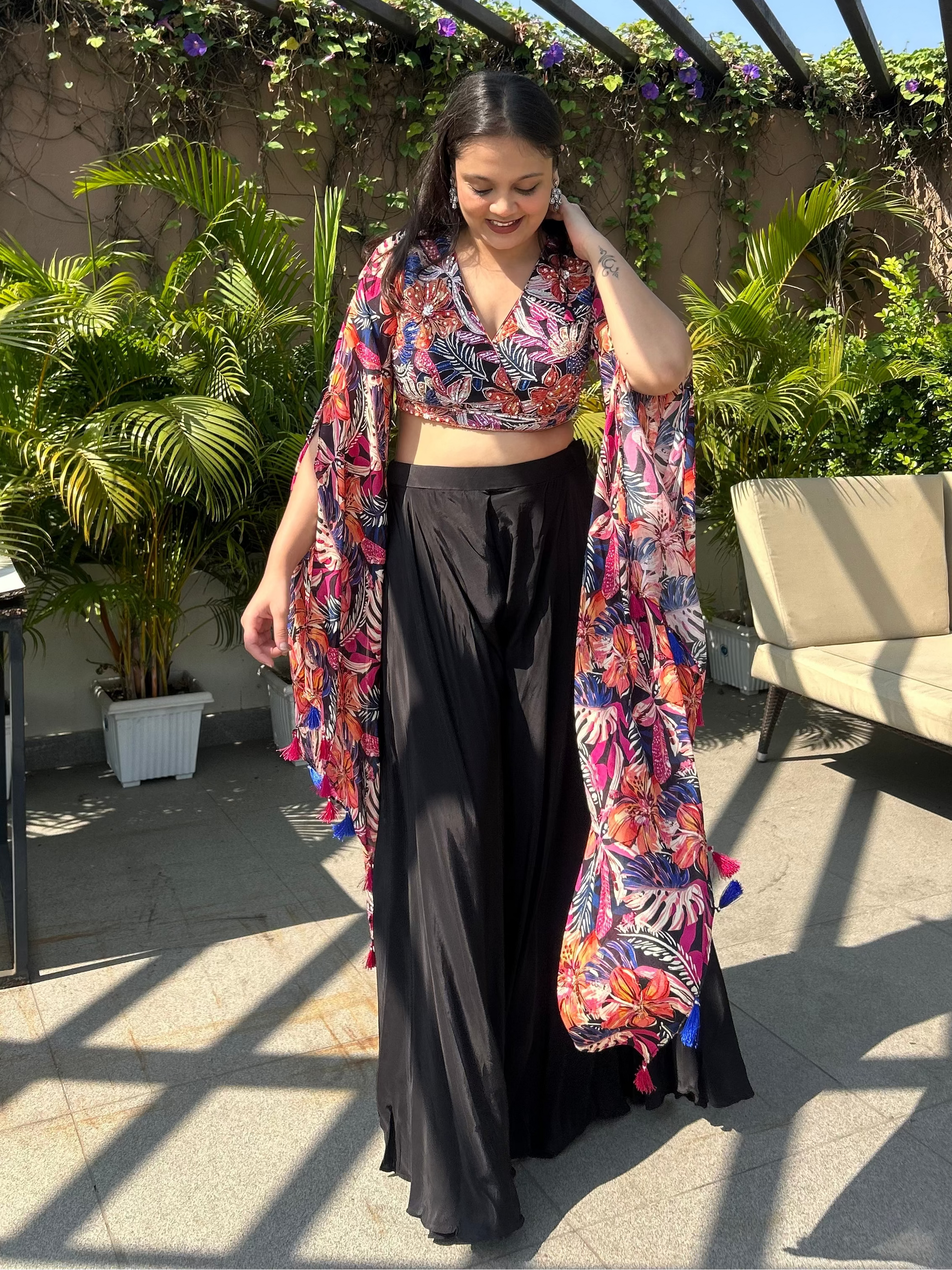 Floral vibes with cropped top and pants and angel sleeves- Perfect for Dinners, Cocktails, Sufi Night, Musical Evening, Reception etc