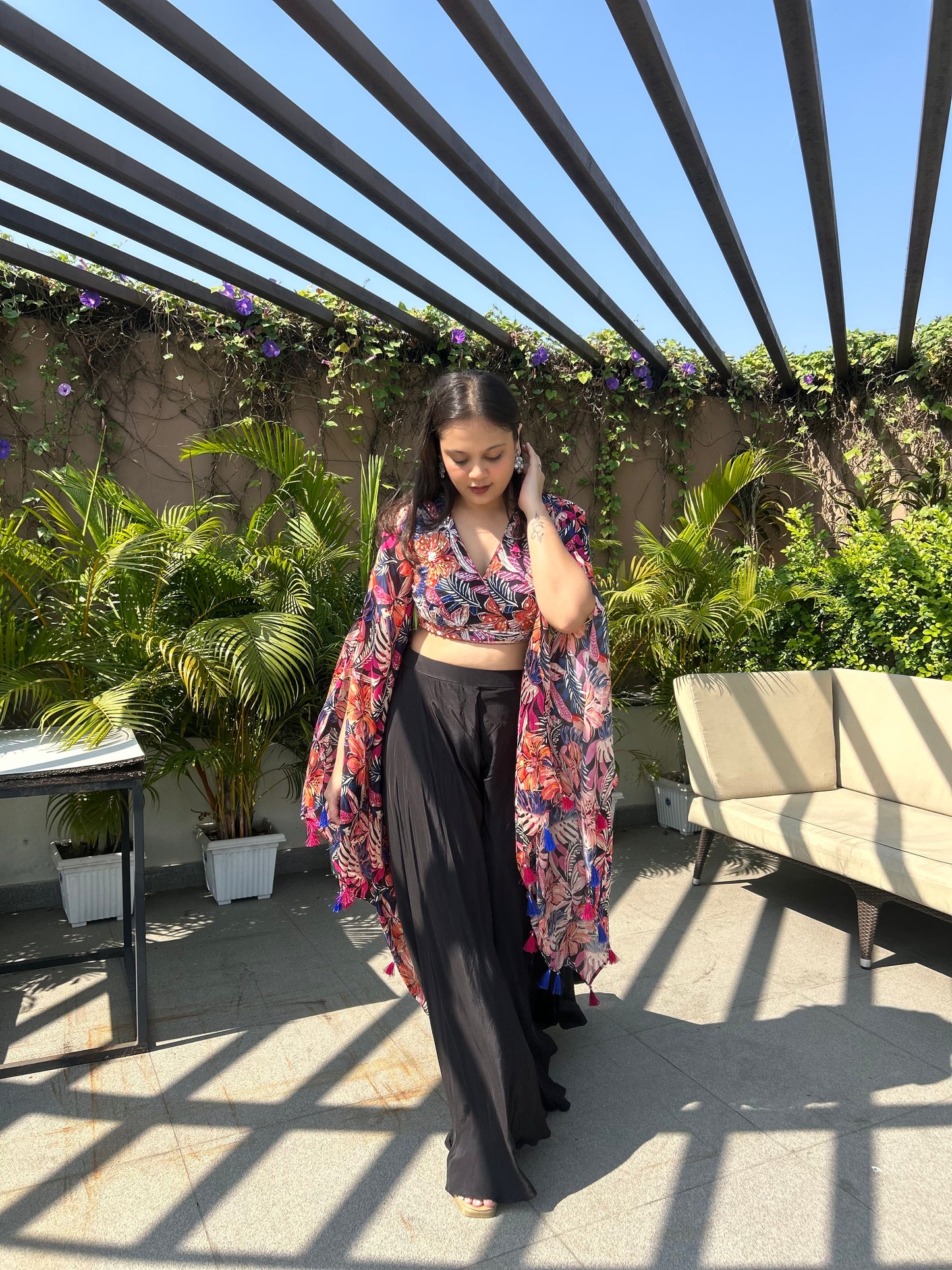 Tarini – Black Multicolour Floral Indo-Western Top & Palazzo Set