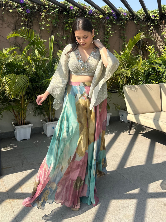 Floral Cropped top with flared pants perfect for Mehendi, Haldi, Carnival, and day events for bridesmaids and trousseau