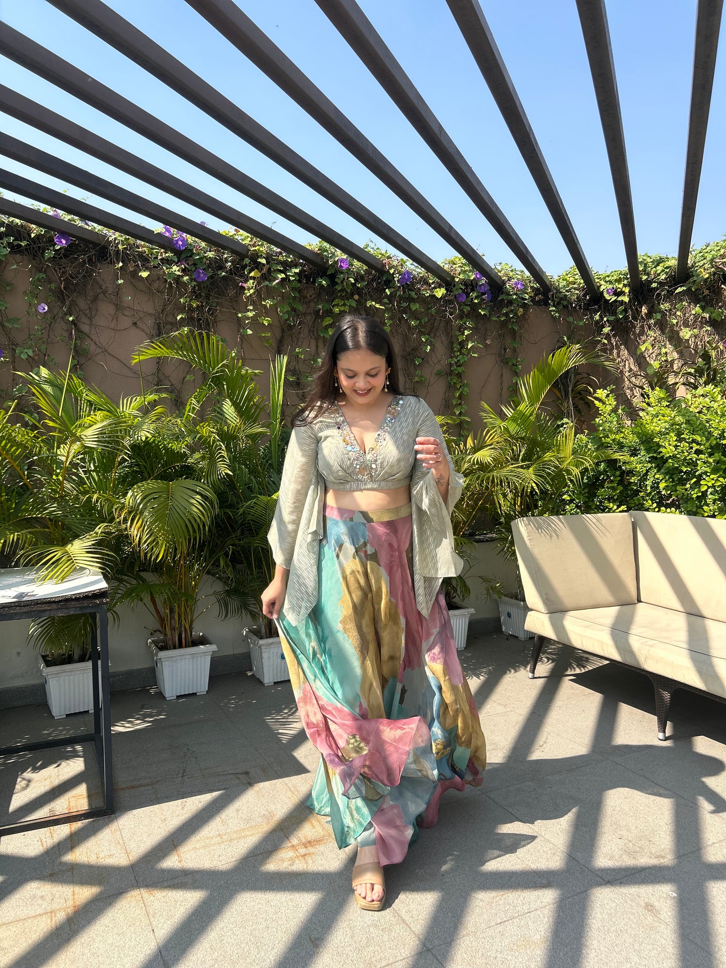 Tishi – Sage Green Indo-Western Floral Top & Palazzo Set