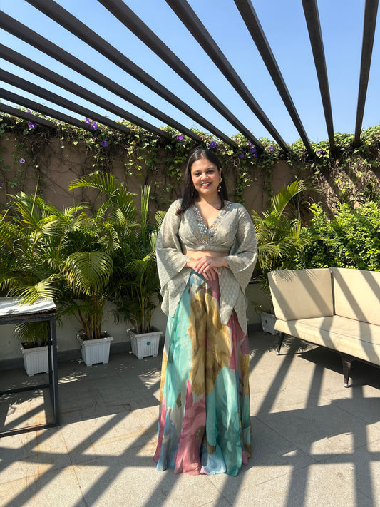 Tishi – Sage Green Indo-Western Floral Top & Palazzo Set