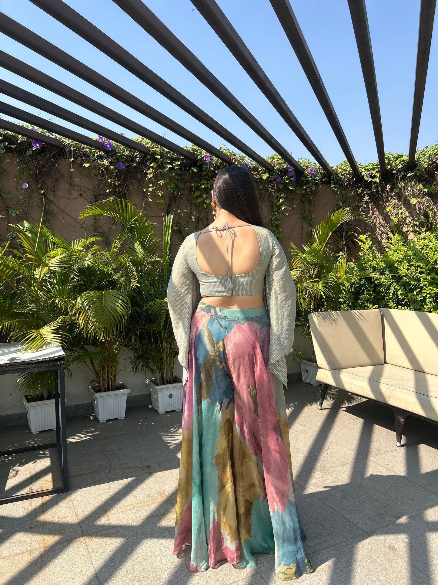 Tishi – Sage Green Indo-Western Floral Top & Palazzo Set