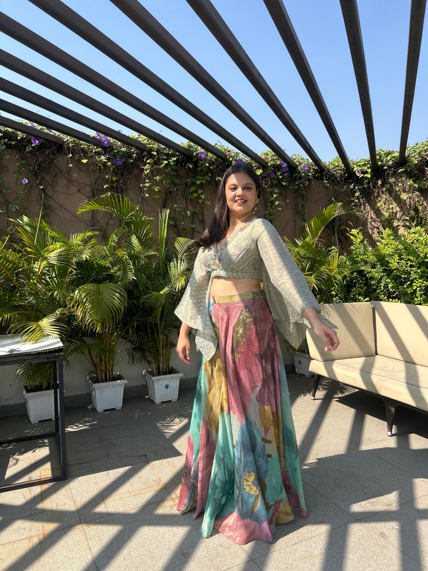 Tishi – Sage Green Indo-Western Floral Top & Palazzo Set