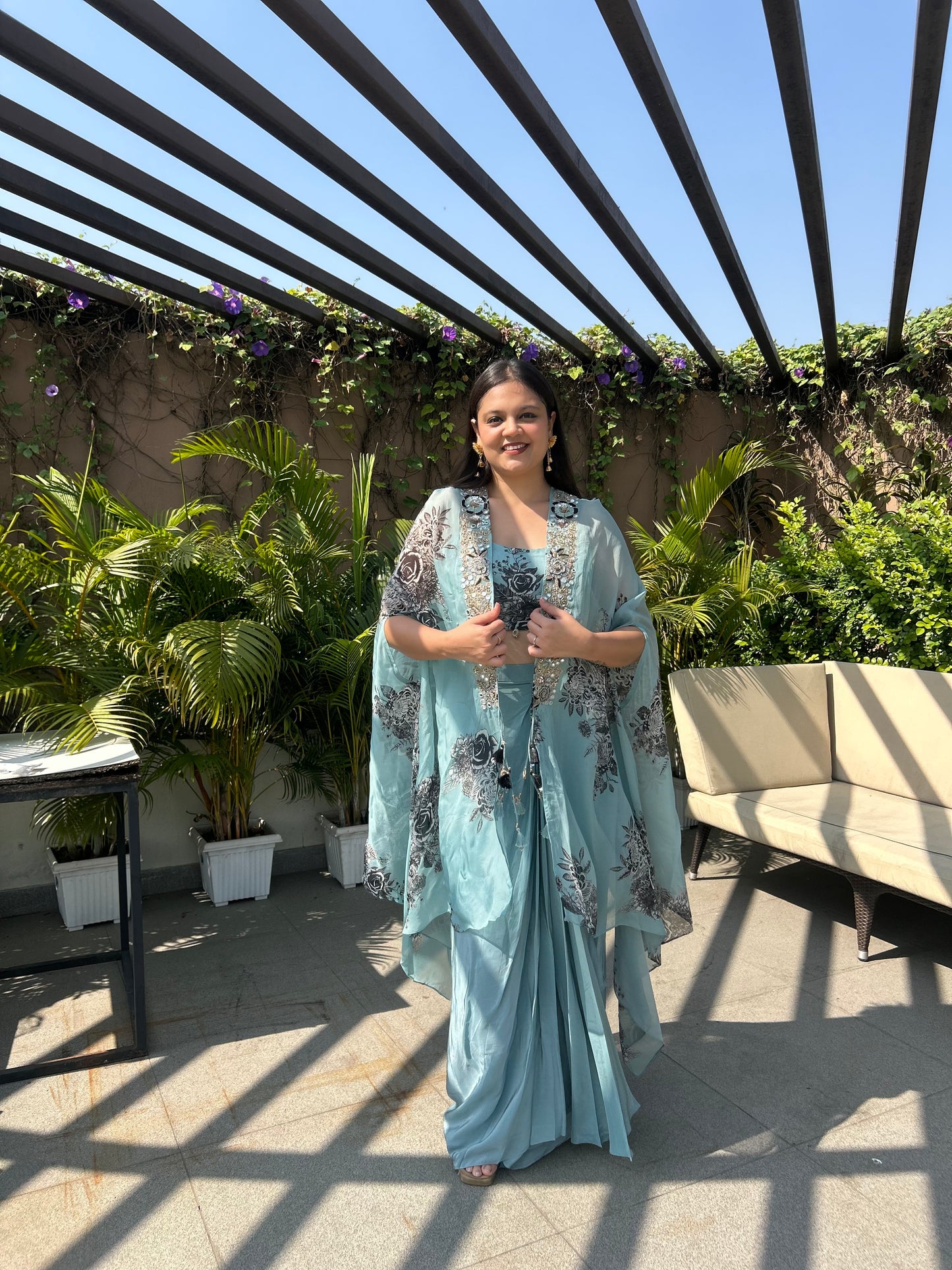 Sayli – Sky Blue Floral Printed Cape Set with Pleated Skirt