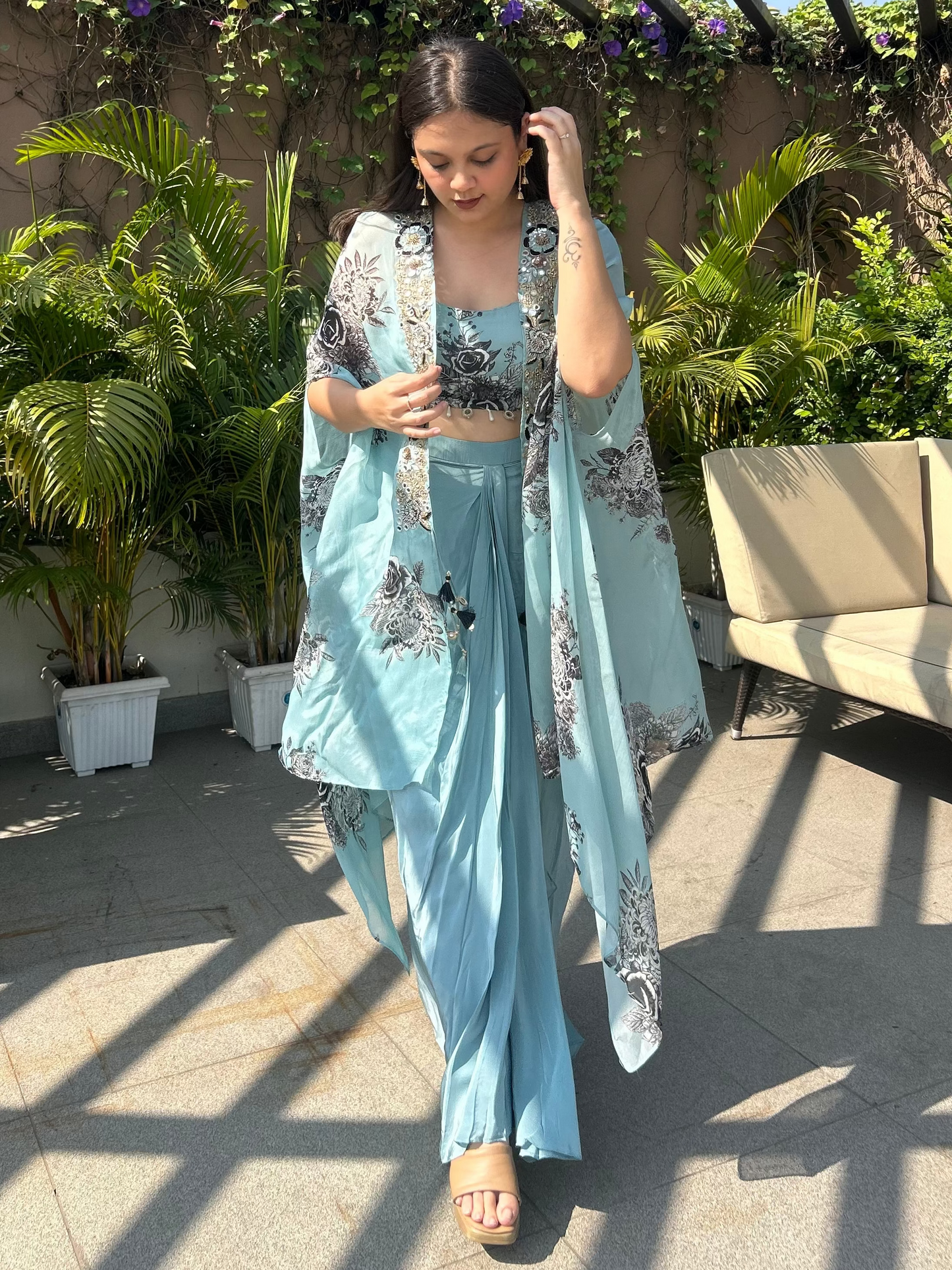 Indo-western cape set floral designer inspired- Perfect for Mehendi, Carnival, Haldi, Pool Party, Sundowner etc