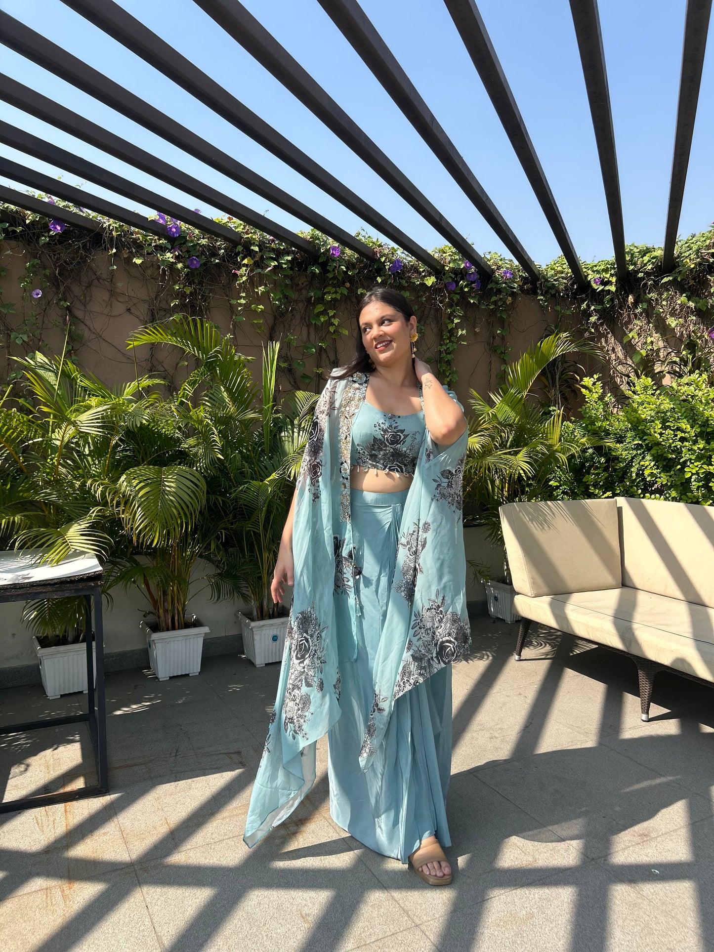 Sayli – Sky Blue Floral Printed Cape Set with Pleated Skirt