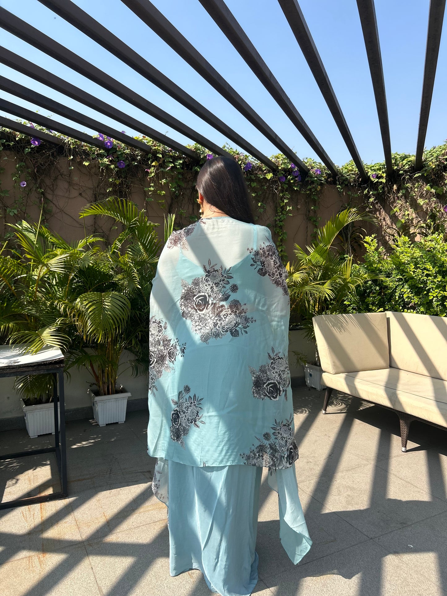 Sayli – Sky Blue Floral Printed Cape Set with Pleated Skirt