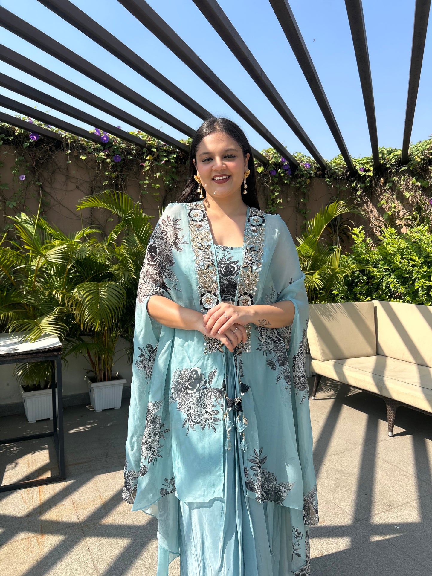 Sayli – Sky Blue Floral Printed Cape Set with Pleated Skirt