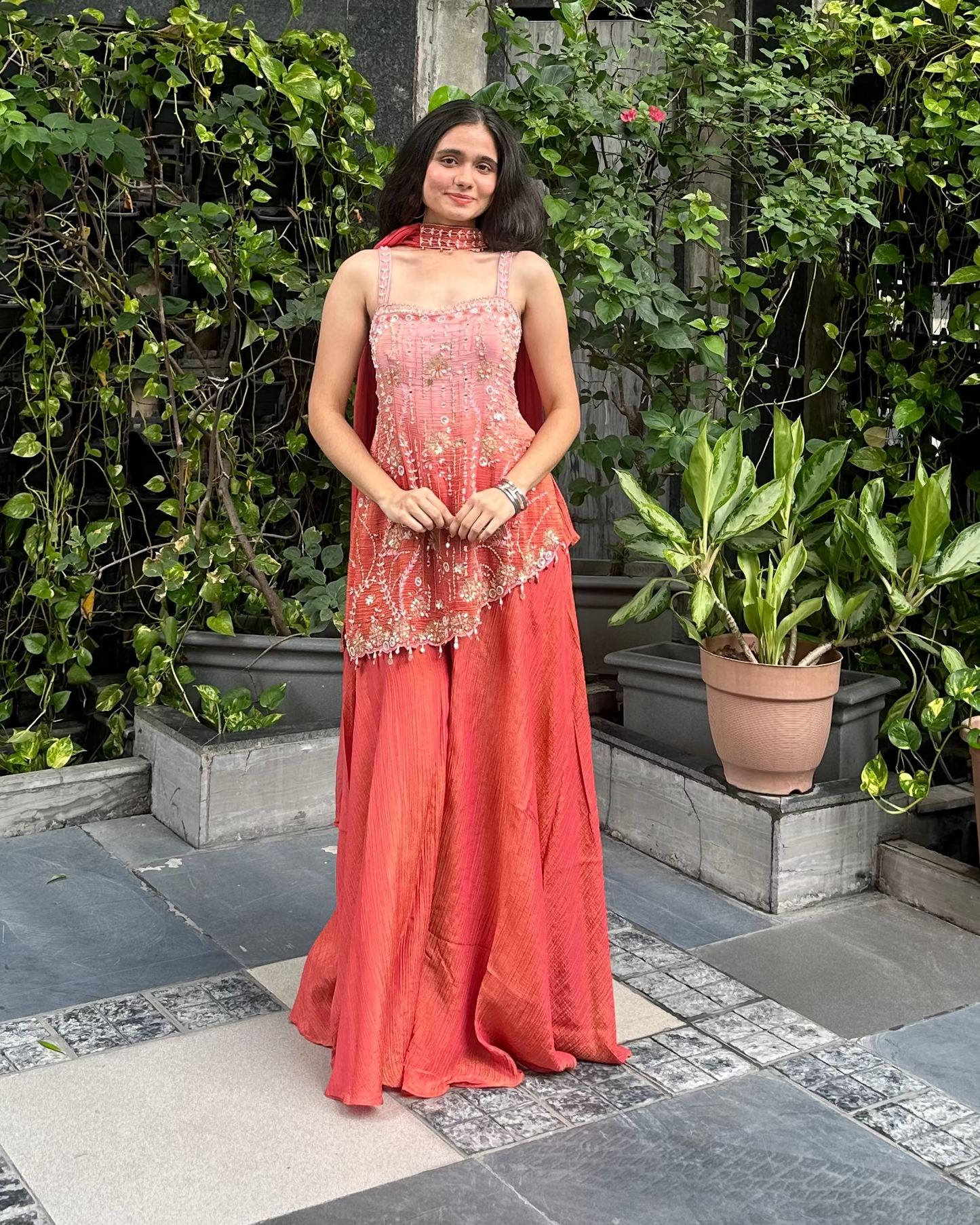 Rust coloured indo-western set for mehendi, haldi, carnival, diwali