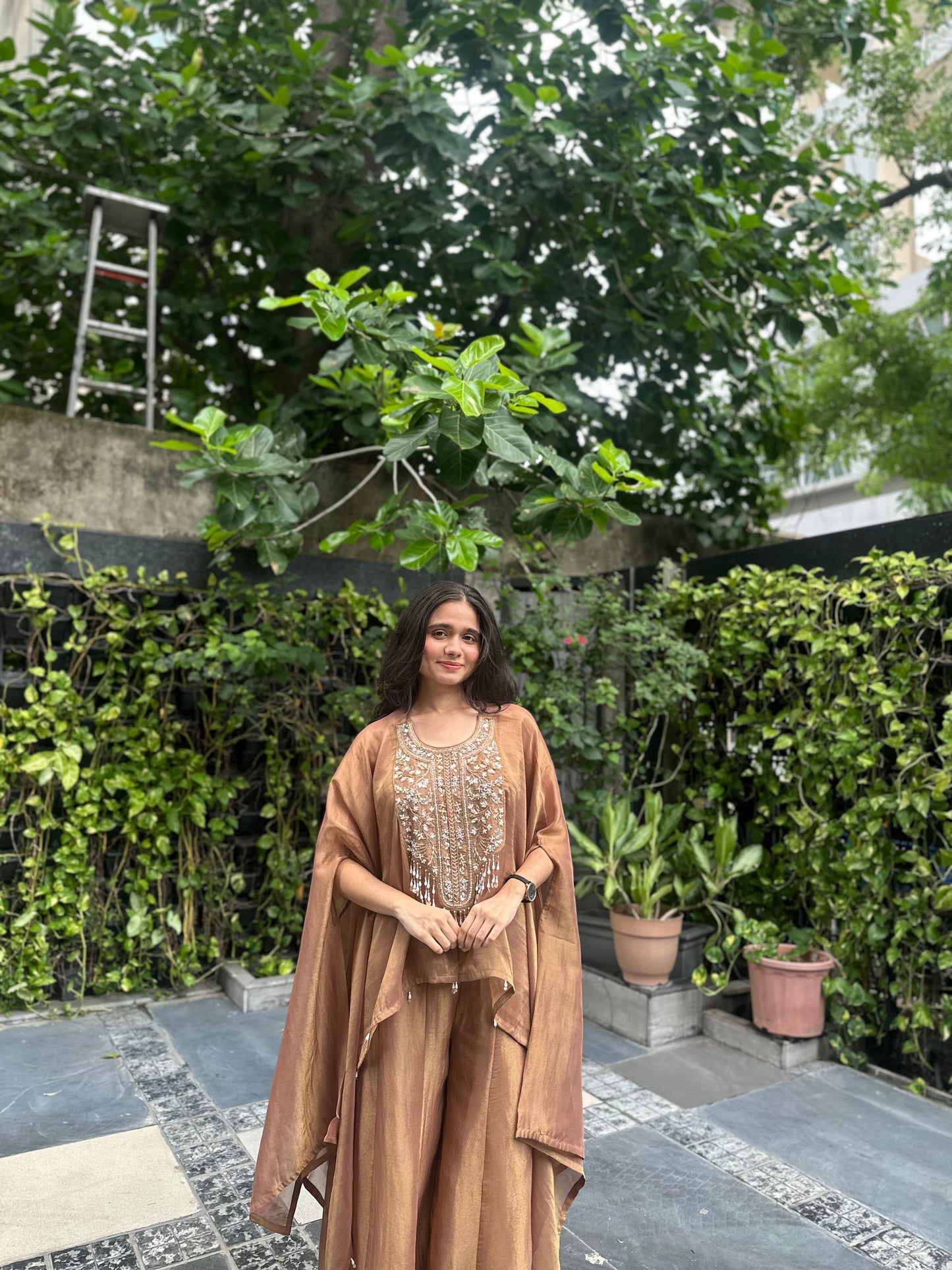 Kesha Brown Shimmer Indo-Western Dhoti Skirt Set