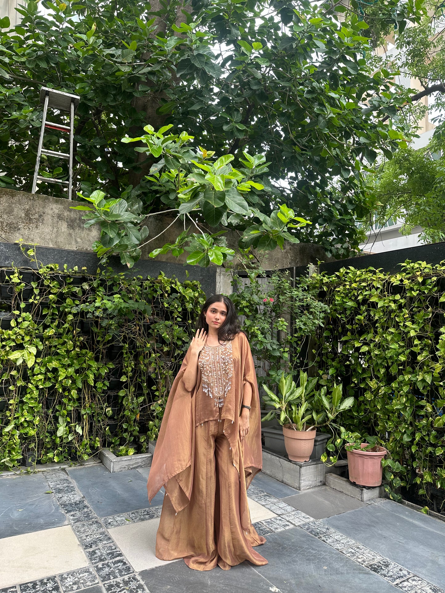 Kesha Brown Shimmer Indo-Western Dhoti Skirt Set