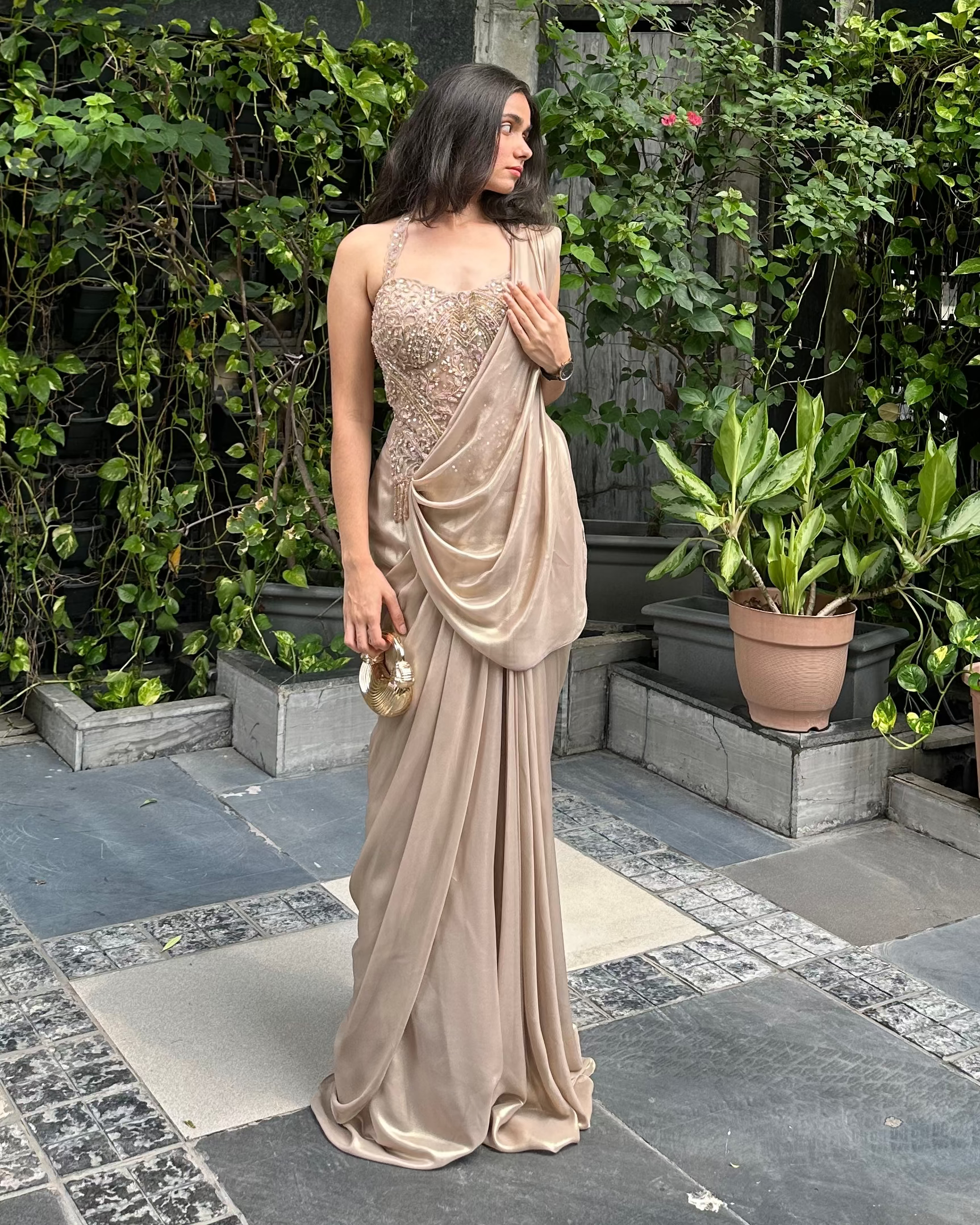 Corset style drape saree for cocktail, dinners, sangeet, after party, bridesmaid, trousseau