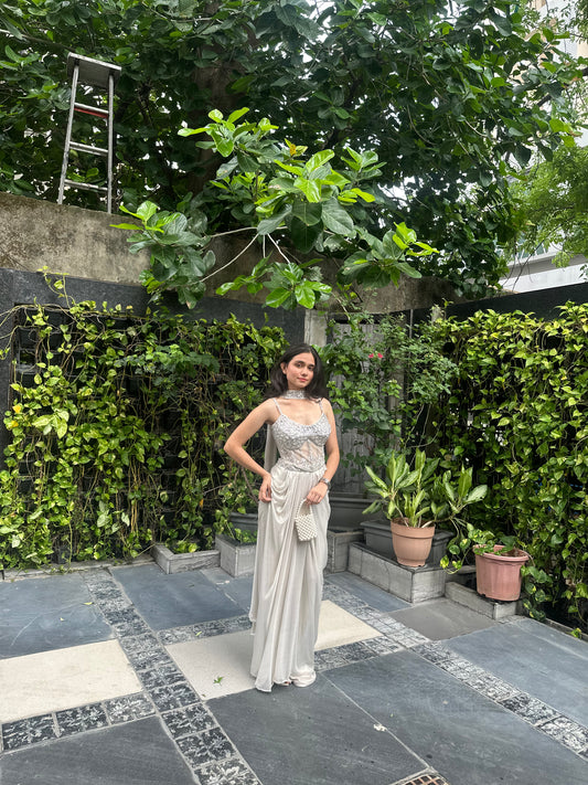 Sienna Silver Indo-Western Corset Dhoti Skirt Set