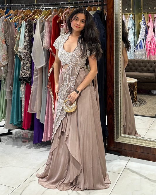 Indo-western designer drape lehenga, perfect for cocktail, sangeet, reception, roka, trousseau, etc