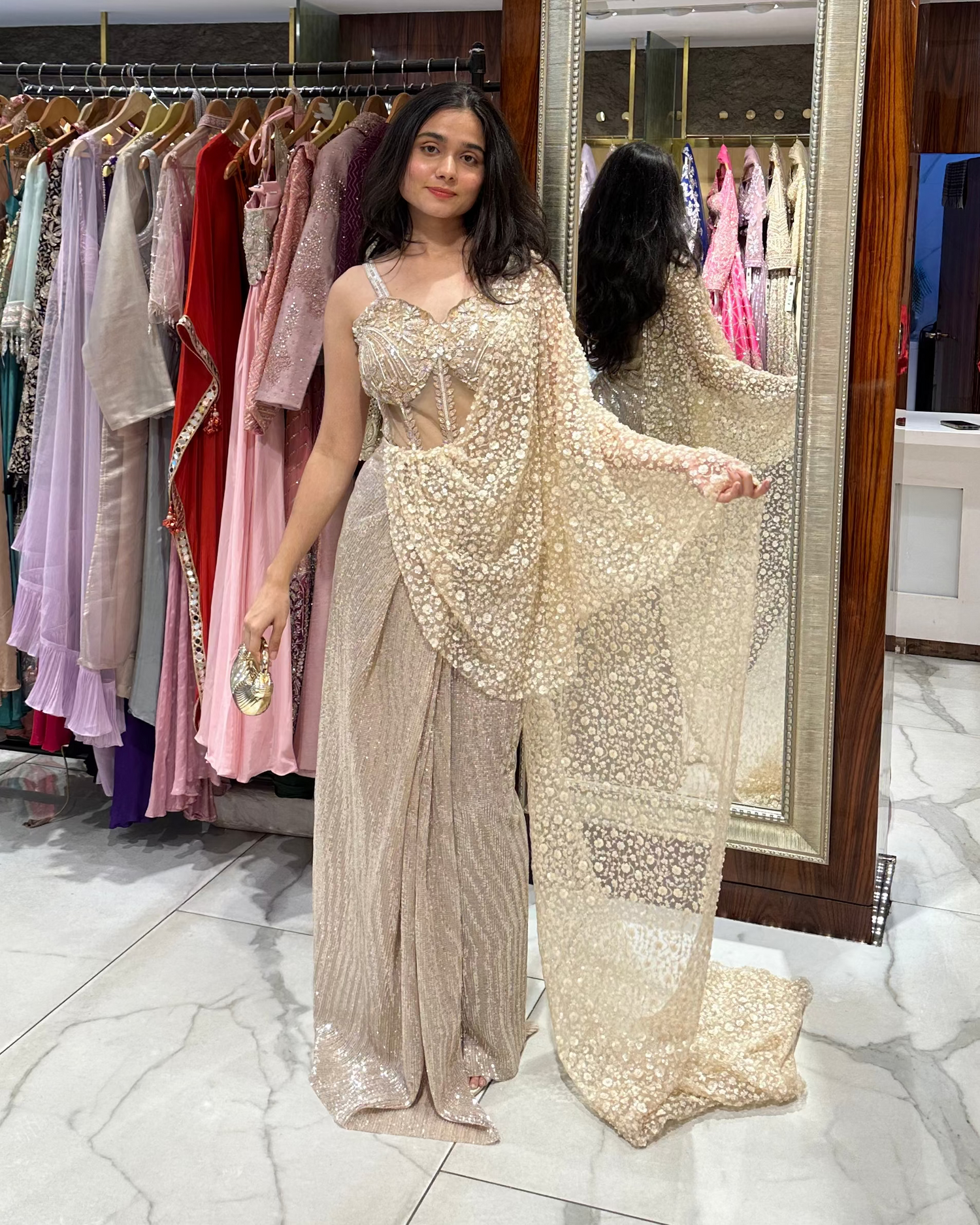 Indo-western drape saree for cocktail, dinners, and reception vibes
