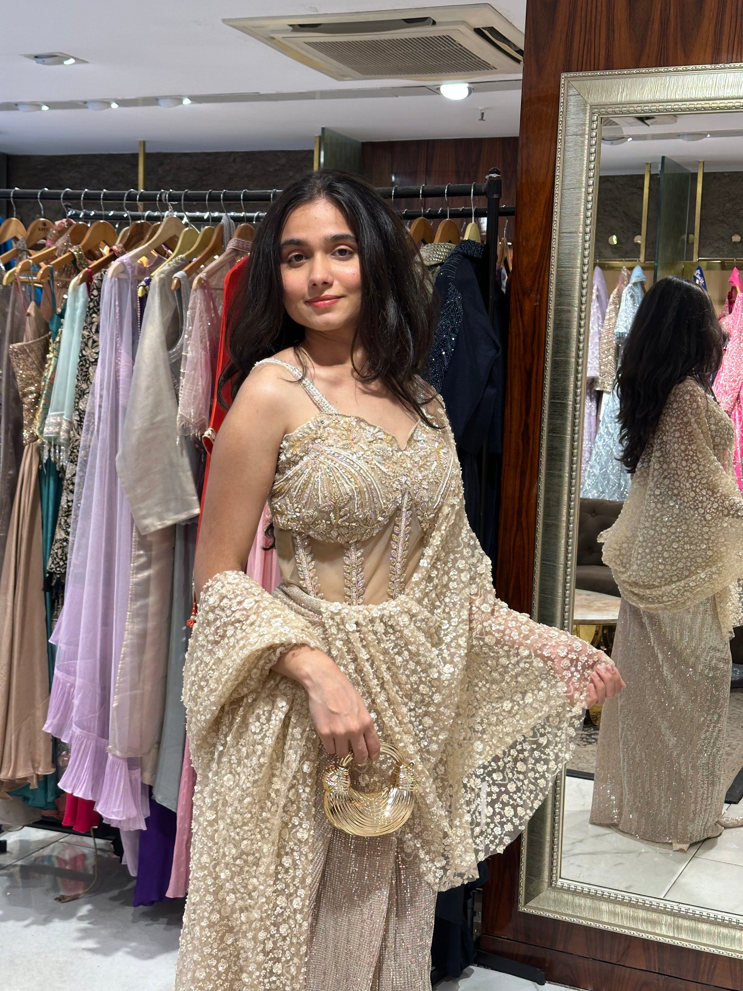 Florence Beige Gold Indo-Western Drape Saree