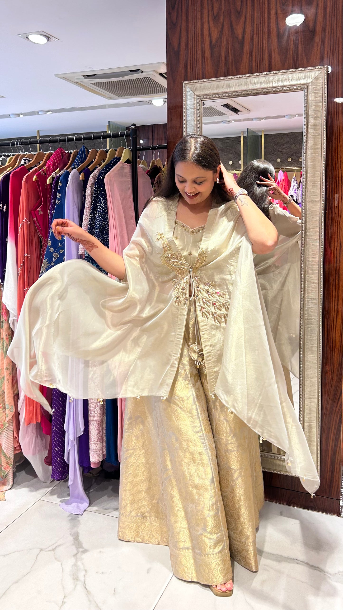 Vamika Champagne Tissue Sharara with Embroidered Cape