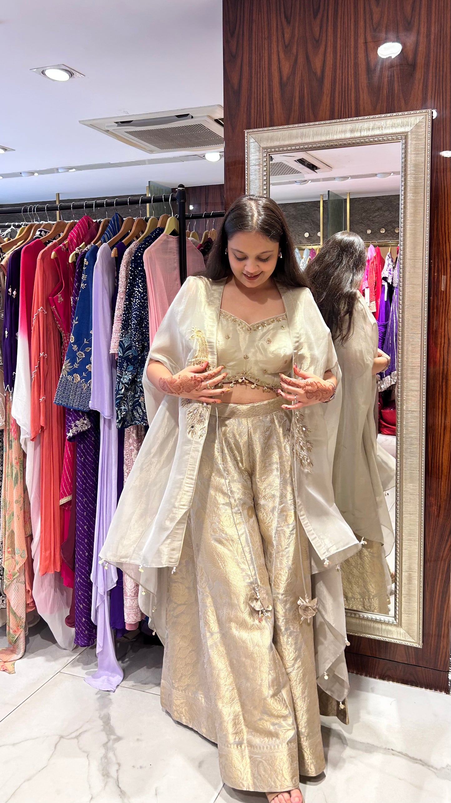 Vamika Champagne Tissue Sharara with Embroidered Cape