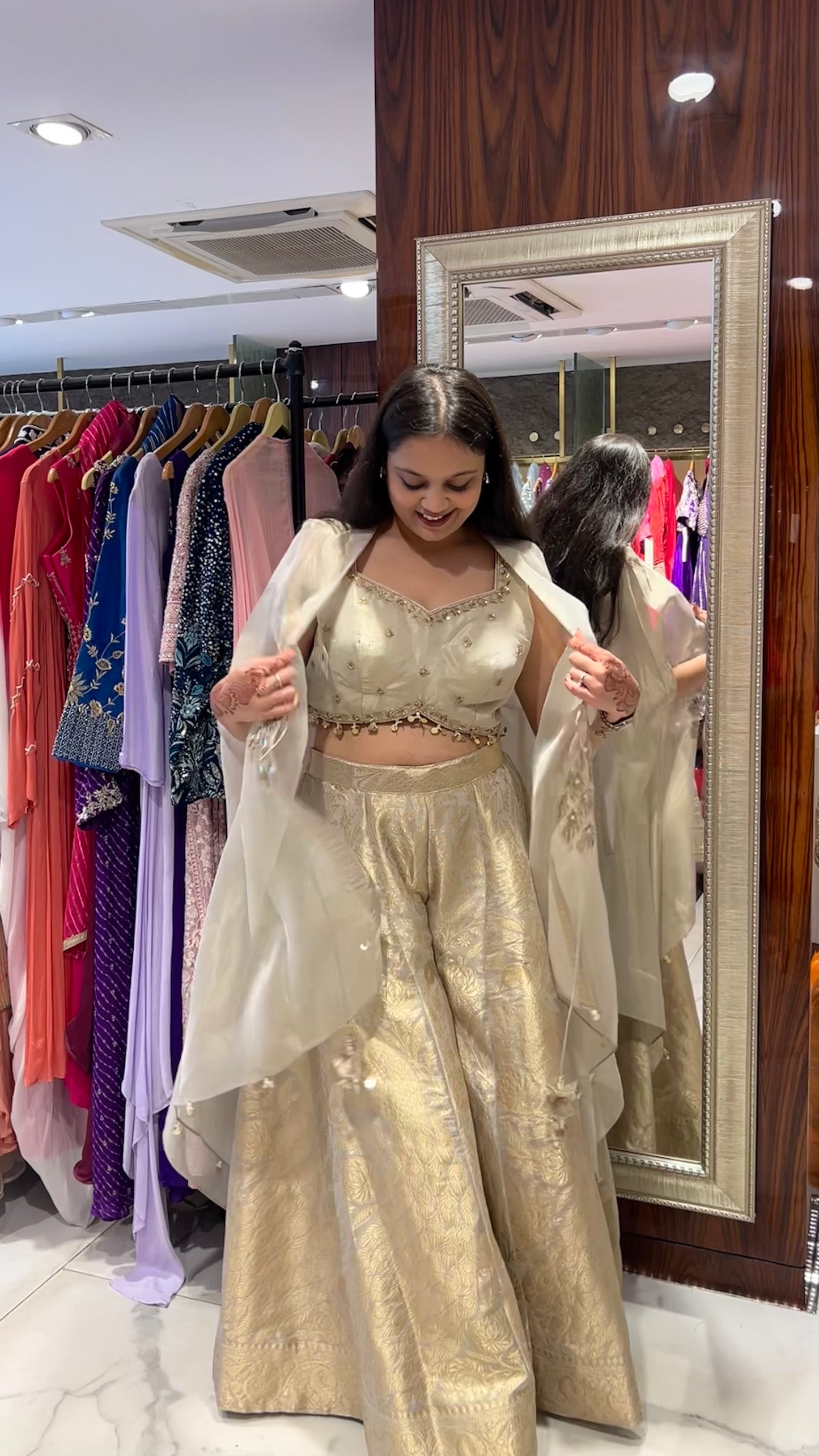 Vamika Champagne Tissue Sharara with Embroidered Cape