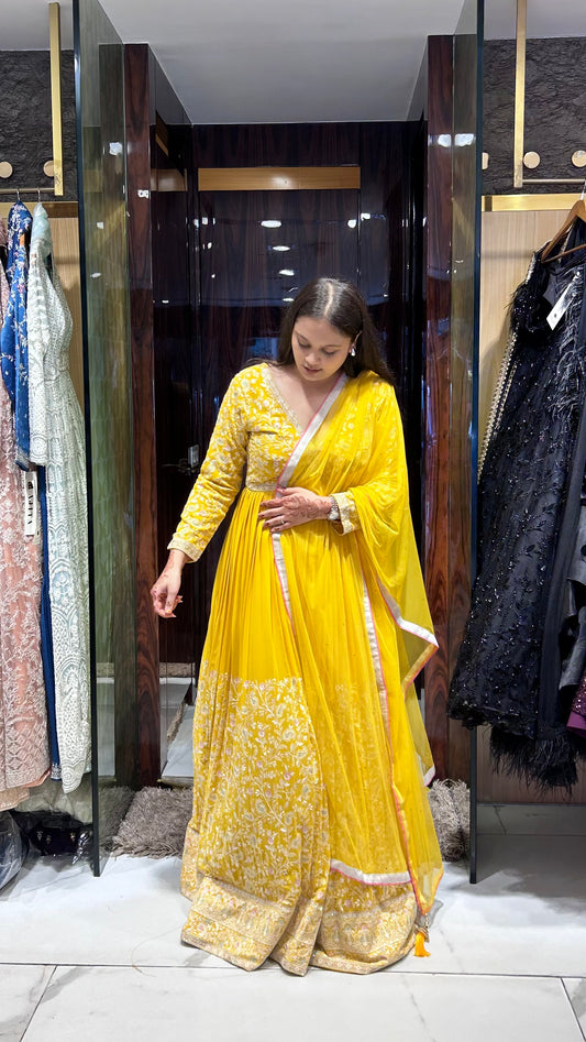 Uditi Yellow Georgette Anarkali with Thread & Stone Embroidery