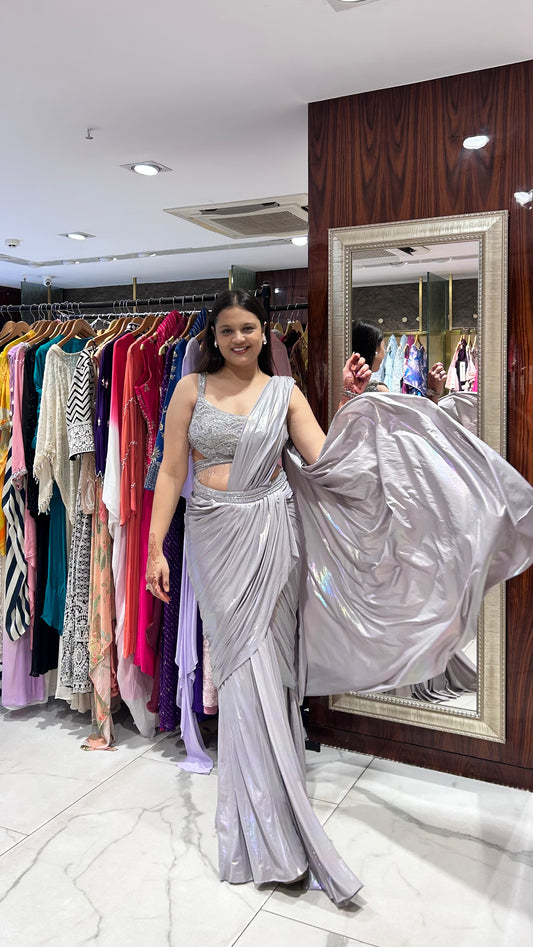 Asma Shimmer Drape Saree – Light Grey