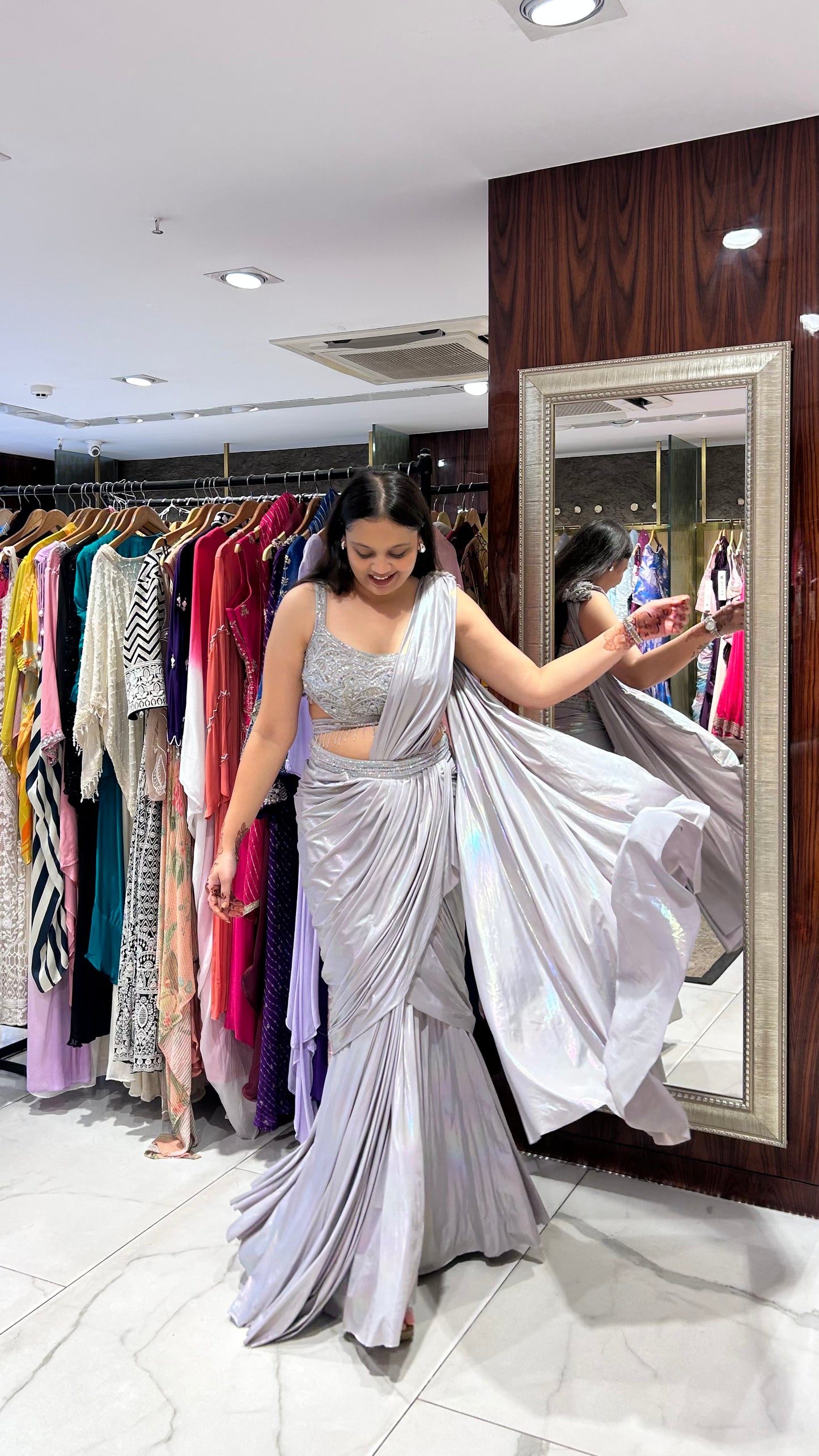 Asma Shimmer Drape Saree – Light Grey