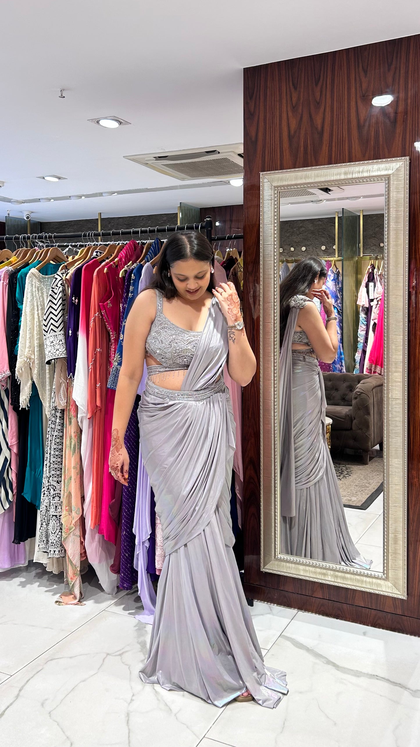 Asma Shimmer Drape Saree – Light Grey