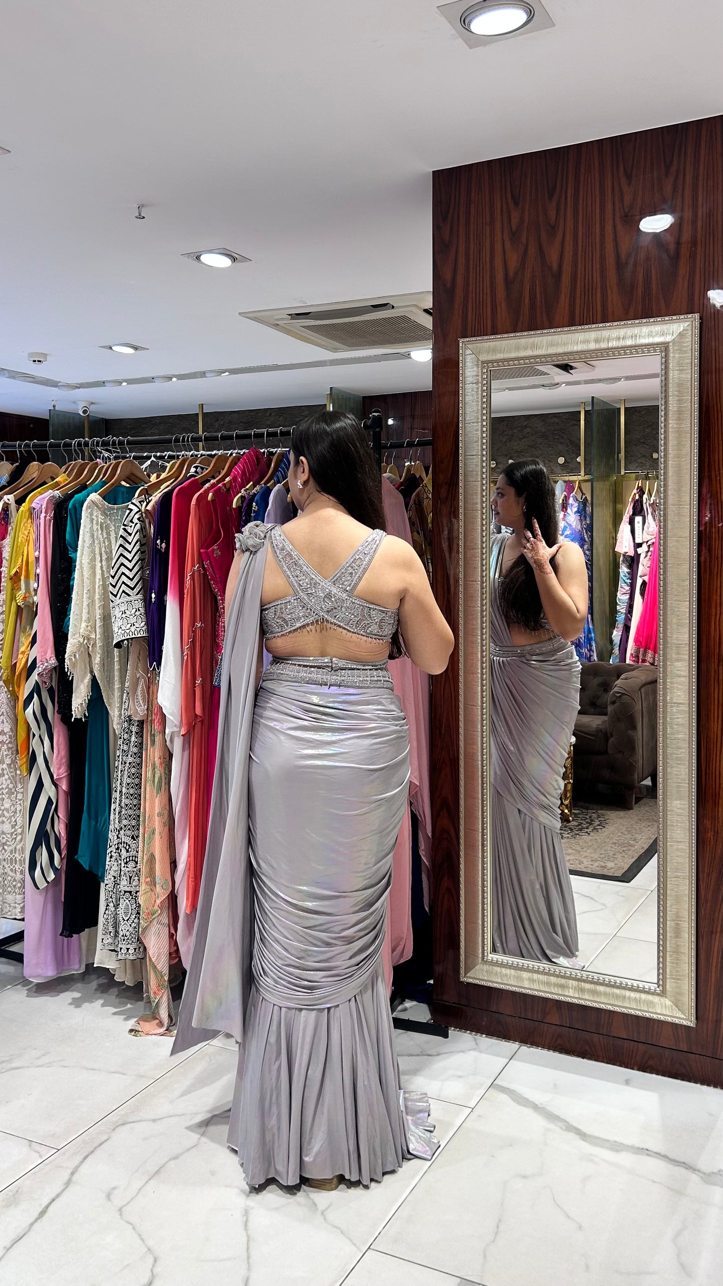 Asma Shimmer Drape Saree – Light Grey