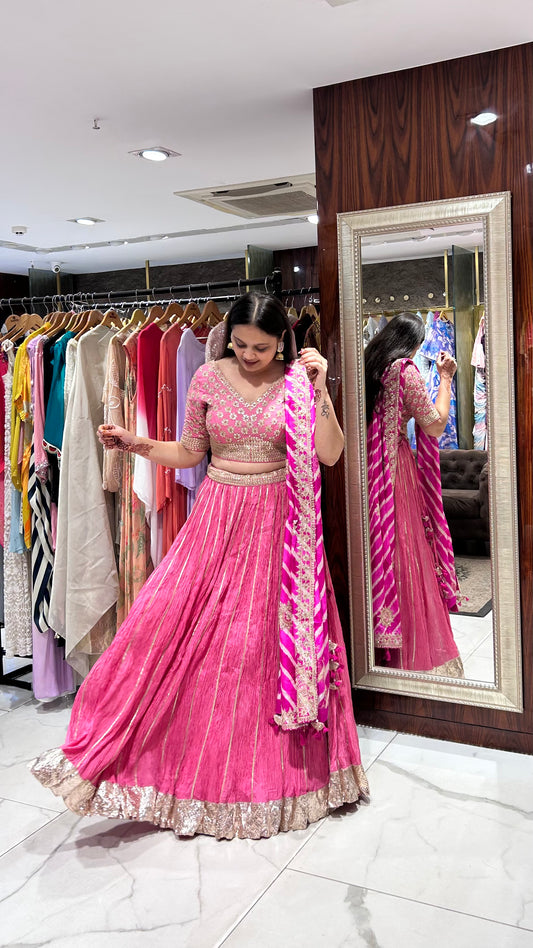 Yukta Pink Crushed Chinon Silk Lehenga with Leheriya Dupatta
