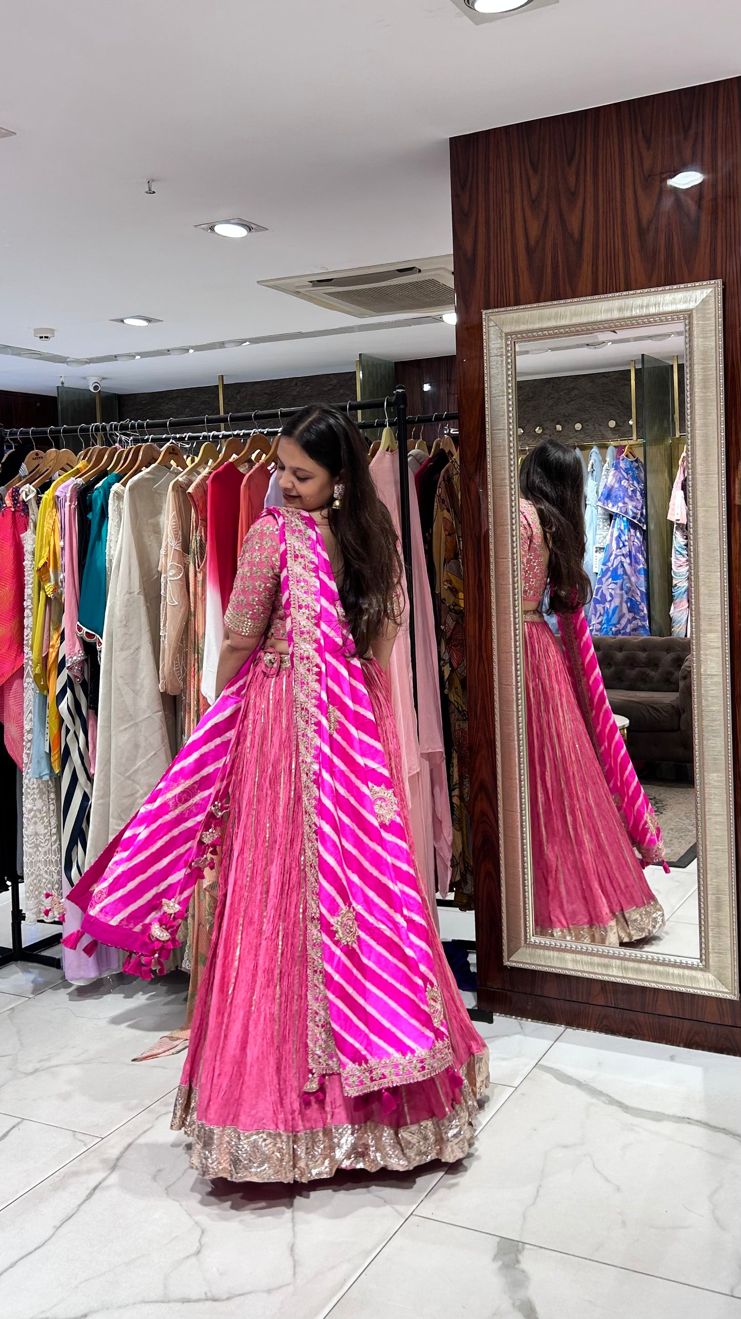 Yukta Pink Crushed Chinon Silk Lehenga with Leheriya Dupatta
