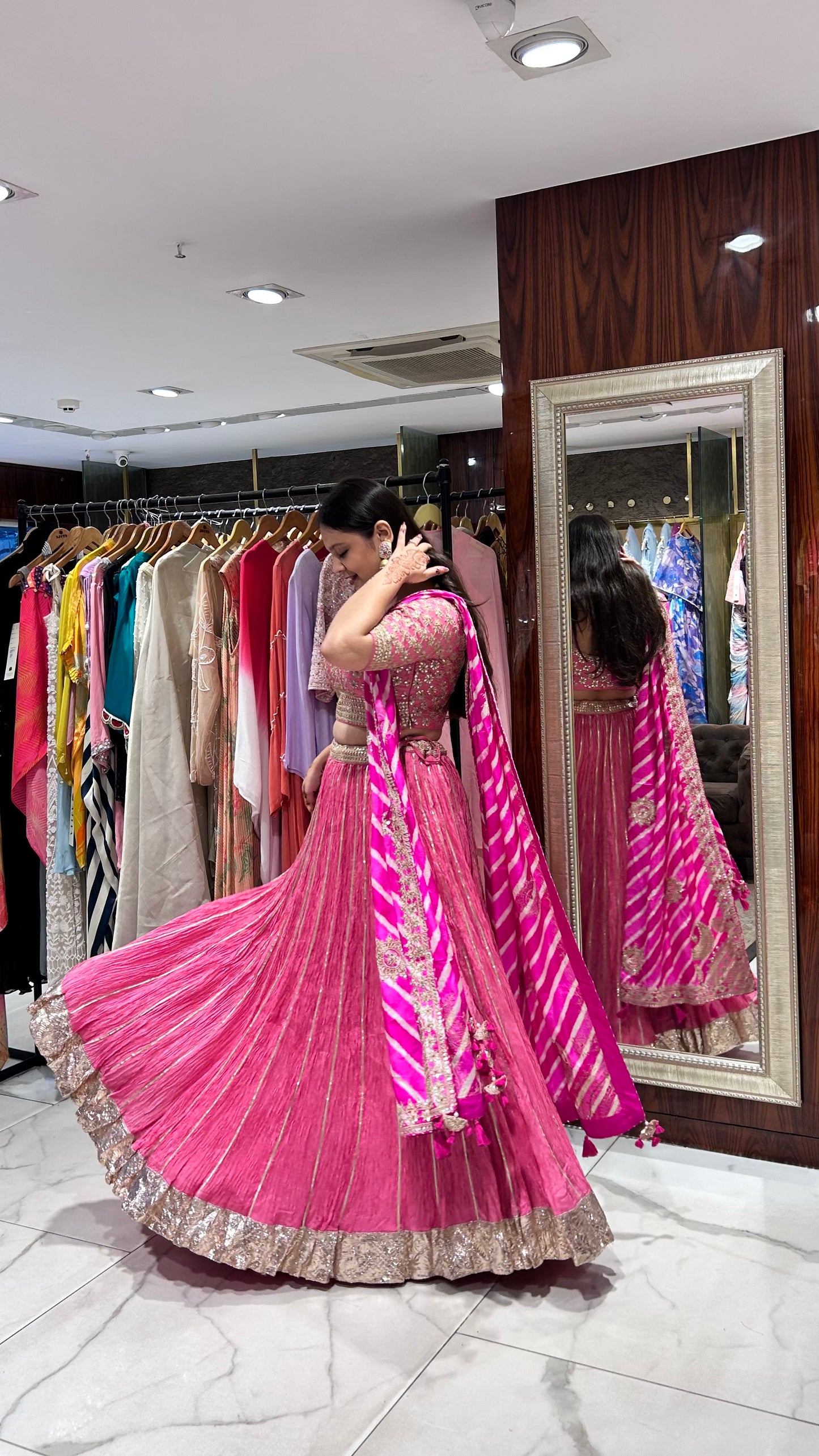Yukta Pink Crushed Chinon Silk Lehenga with Leheriya Dupatta