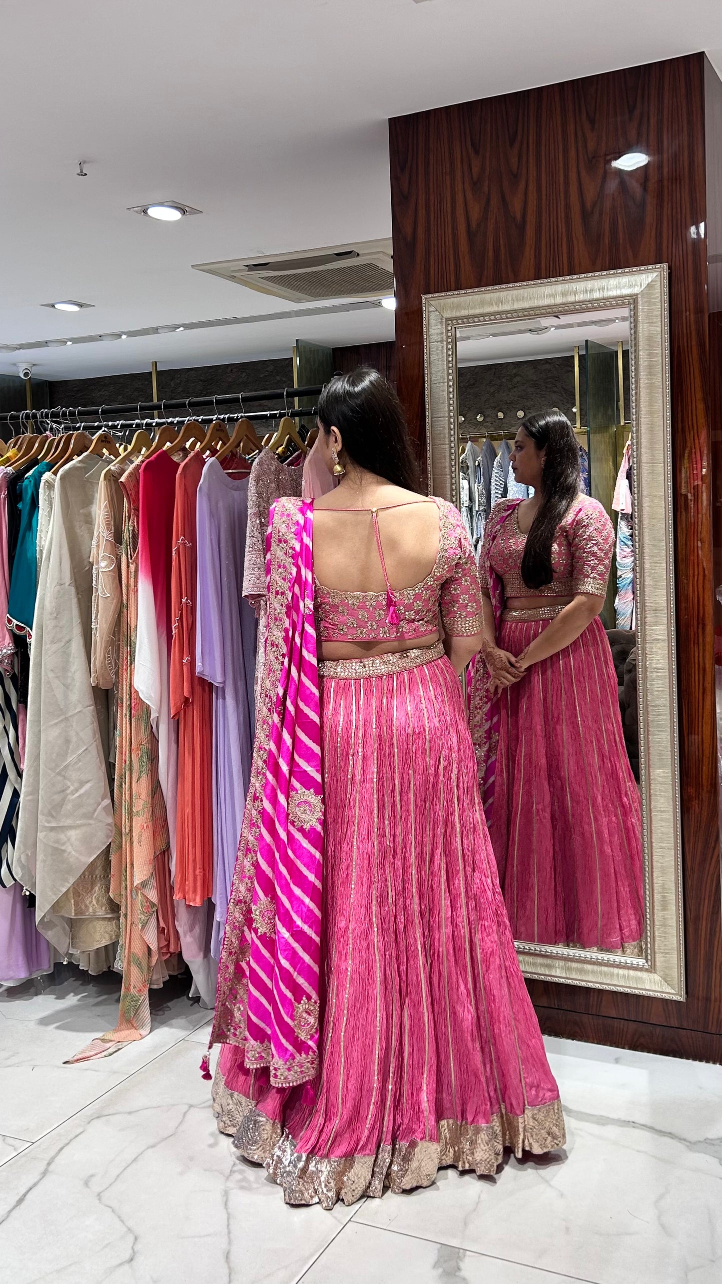 Yukta Pink Crushed Chinon Silk Lehenga with Leheriya Dupatta