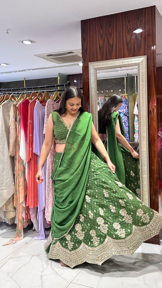 Gaurika Green Georgette Light Lehenga with Organza Dupatta