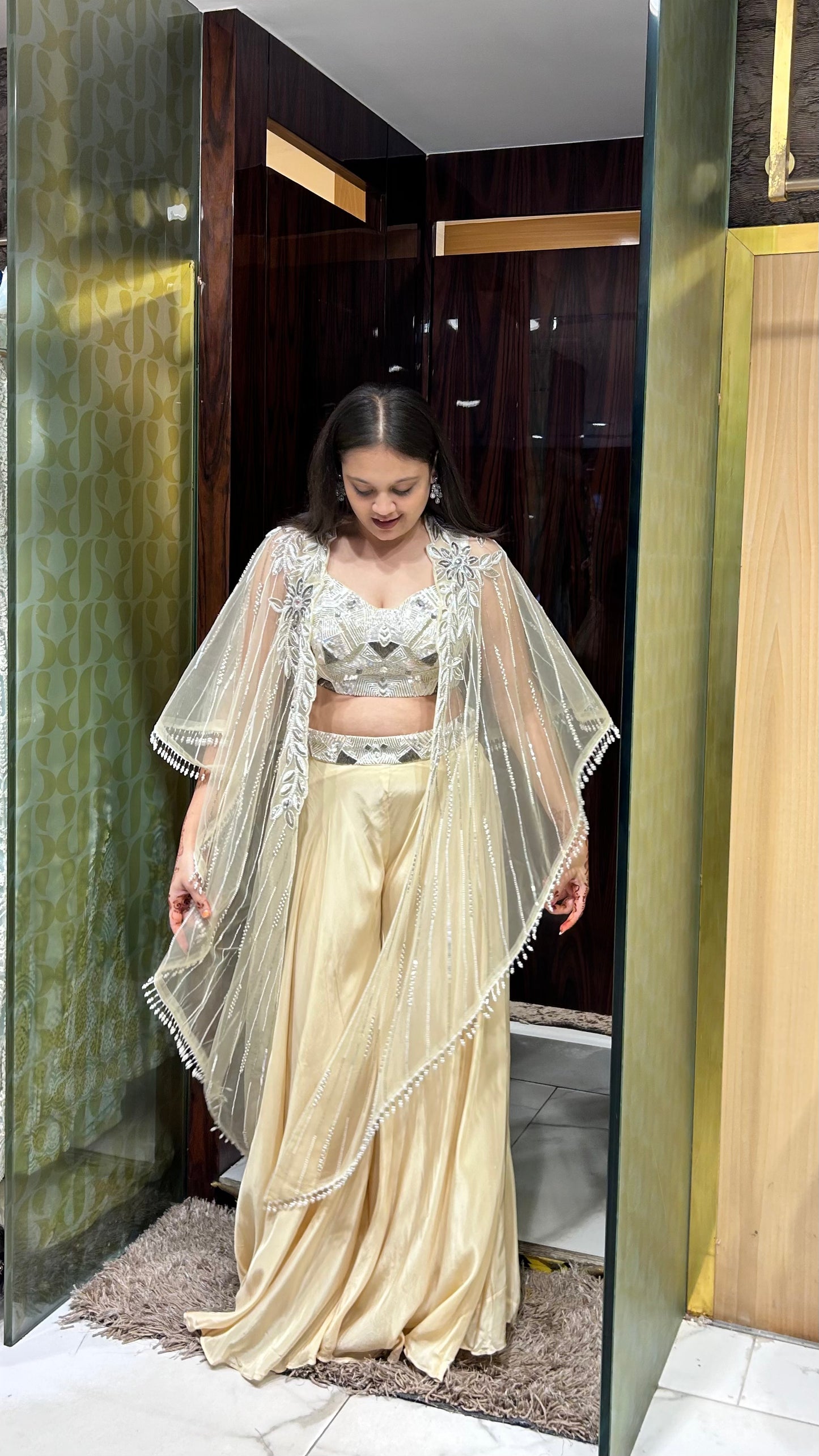 Pihu Beige Gold Indo-Western Palazzo Set with Embroidered Cape