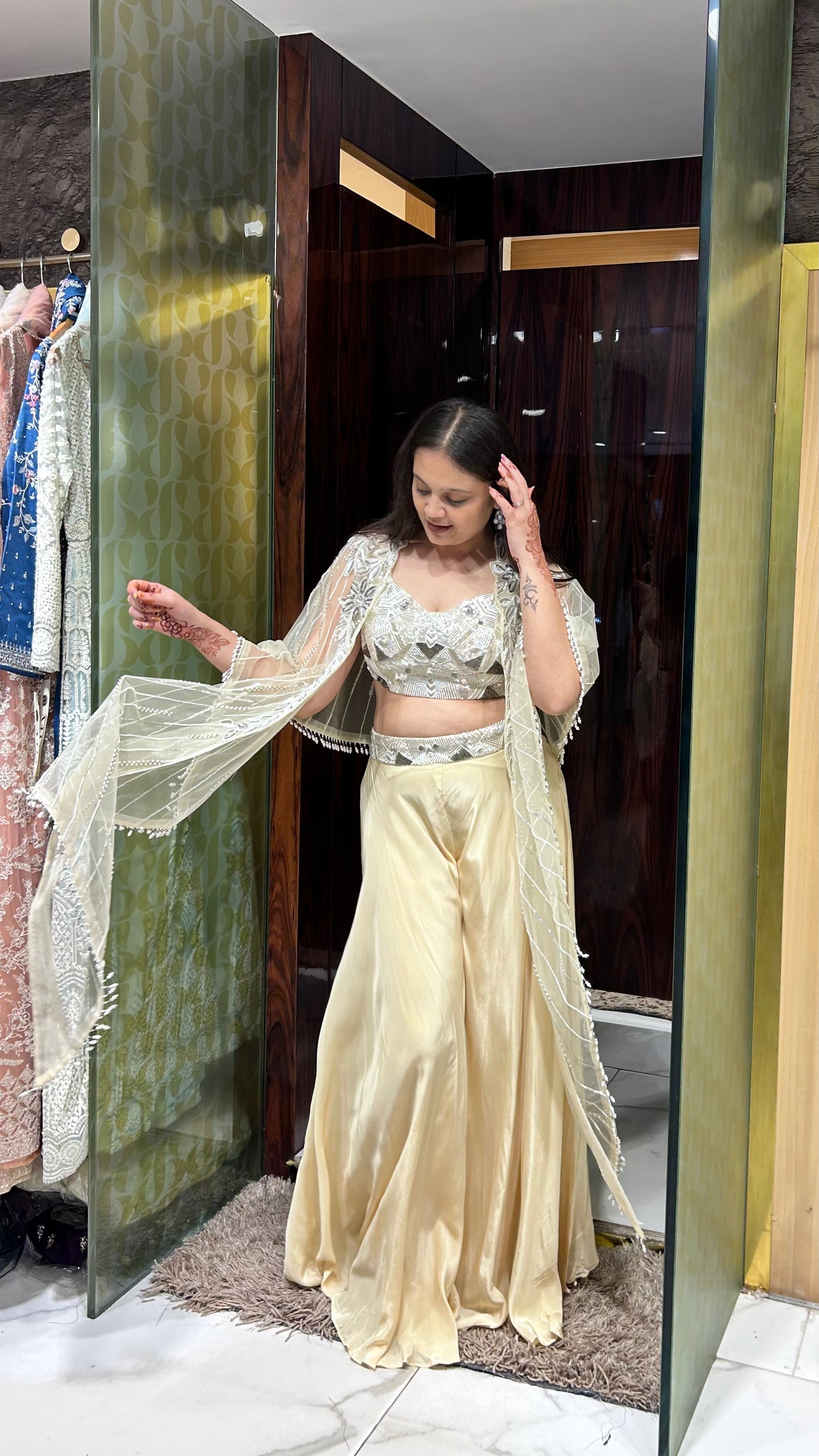 Pihu Beige Gold Indo-Western Palazzo Set with Embroidered Cape