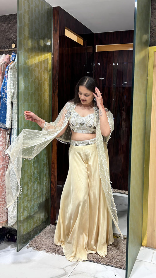Pihu Beige Gold Indo-Western Palazzo Set with Embroidered Cape
