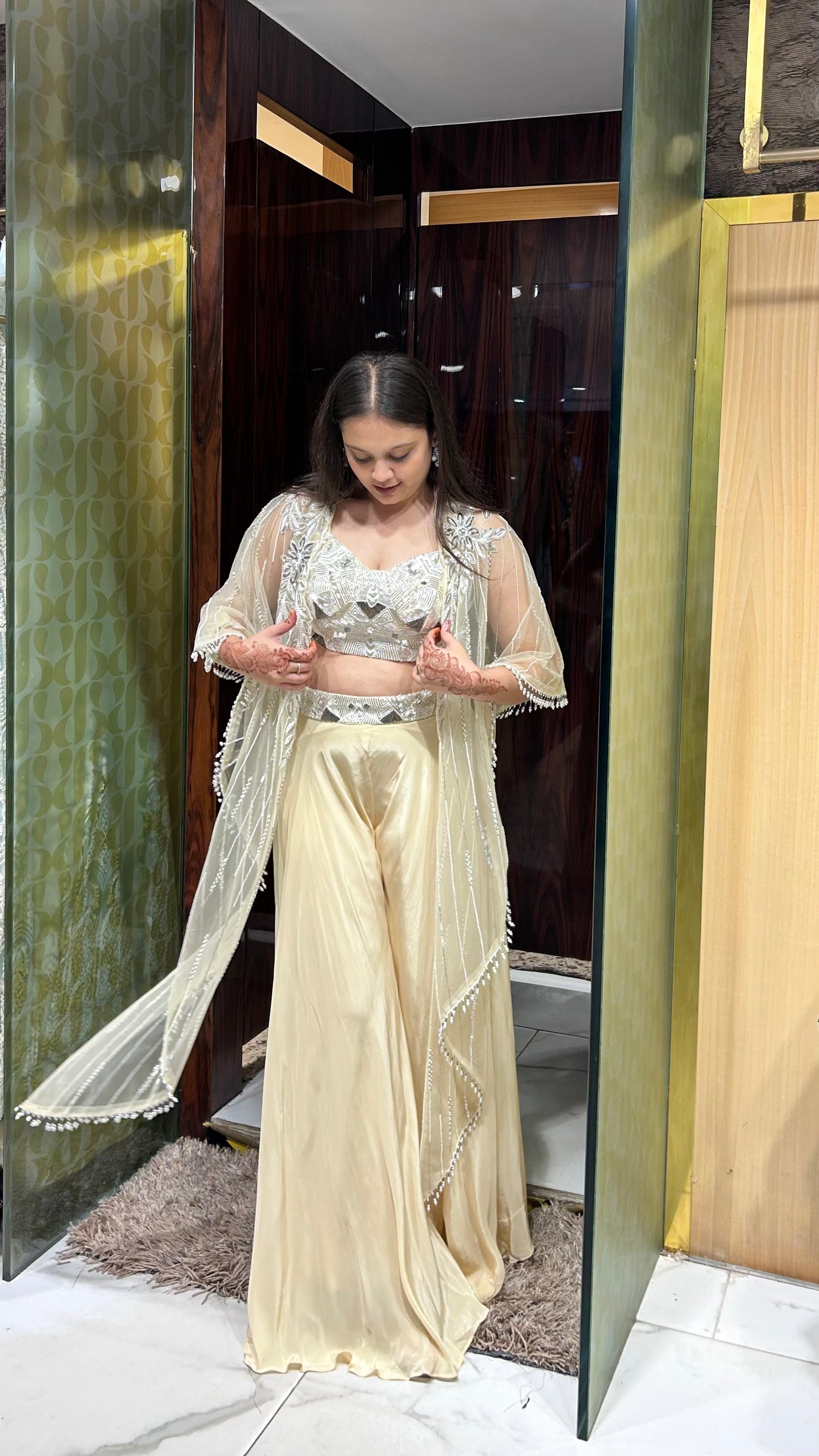 Pihu Beige Gold Indo-Western Palazzo Set with Embroidered Cape